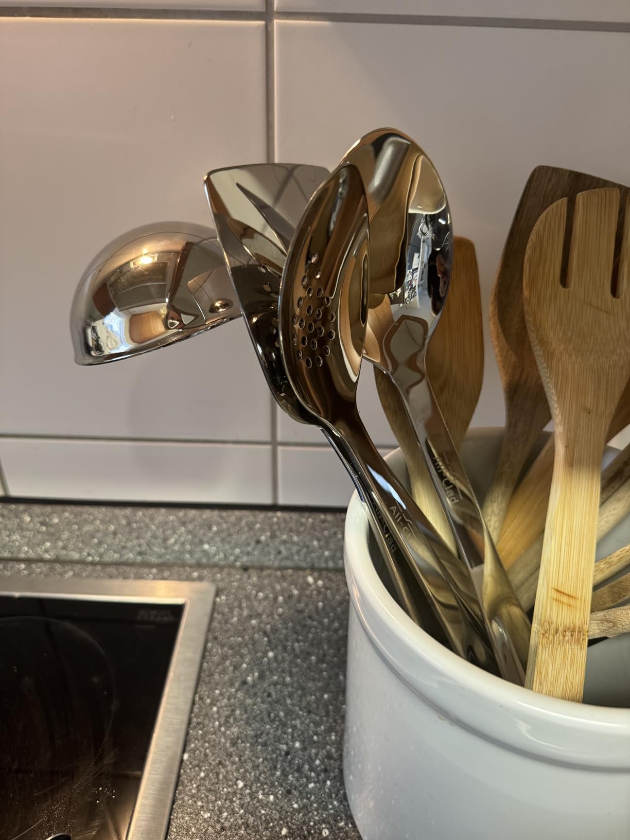 All-Clad 5-Piece Stainless Steel Kitchen Utensil Set – Includes Ladle, Solid Spoon, Slotted Spoon, Turner & Storage Caddy – Heavy-Gauge, Ergonomic, Dishwasher Safe, Silver - Customer Photo 1