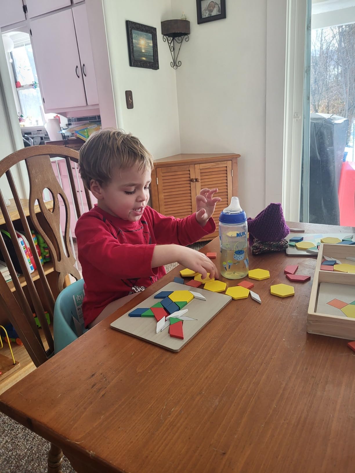 Melissa & Doug Pattern Blocks and Boards with 120 Multi-Colored Wooden Shape Tiles, 5 Double-Sided Puzzle Boards, Tangram Puzzles, Montessori Toys for Girls & Boys customer photo 2