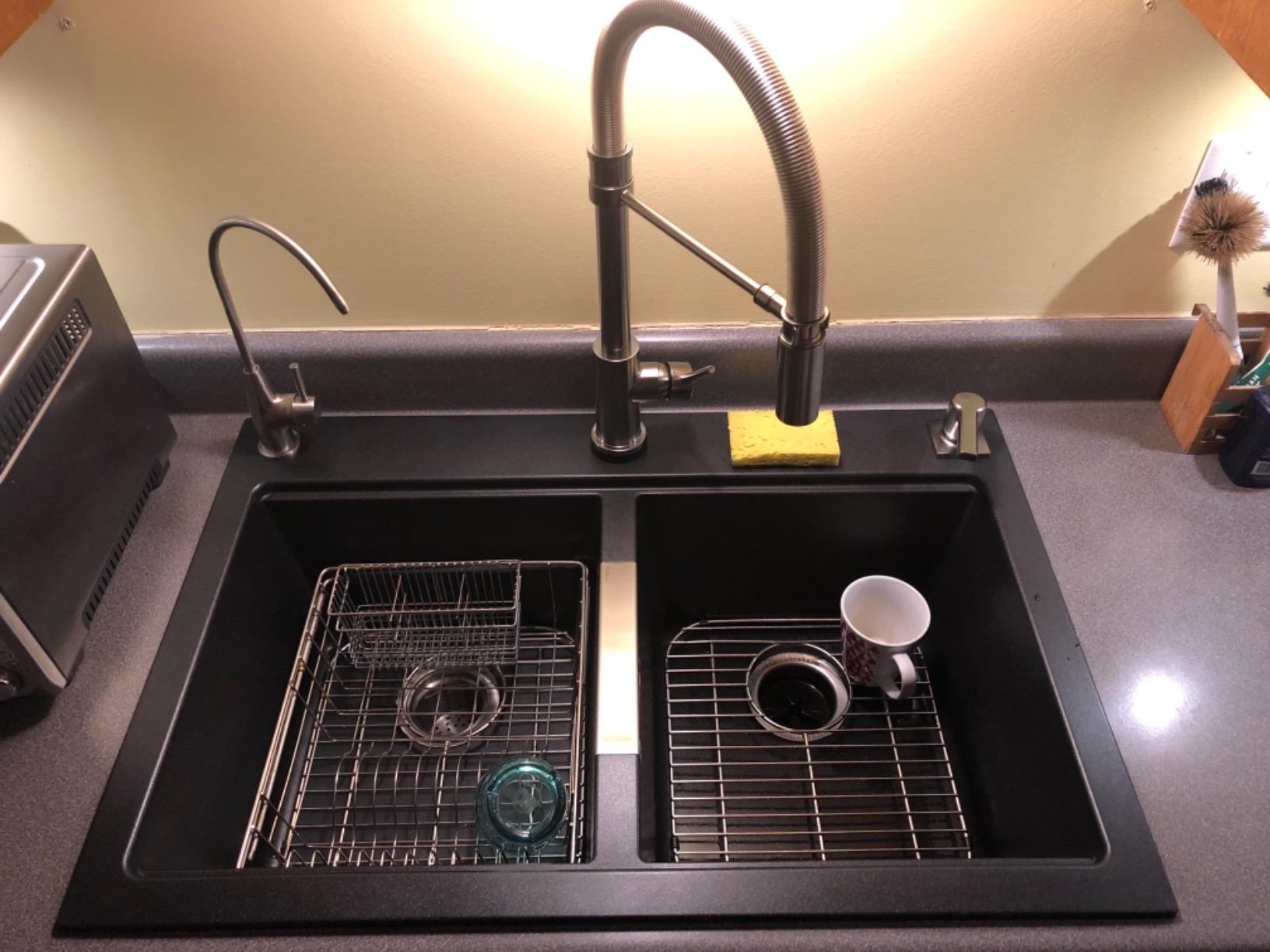 KRAUS Quarza 33-inch Drop-In/Undermount 50/50 Double Bowl Granite Kitchen Sink in Black Onyx, KGD-433B - Customer Photo 3