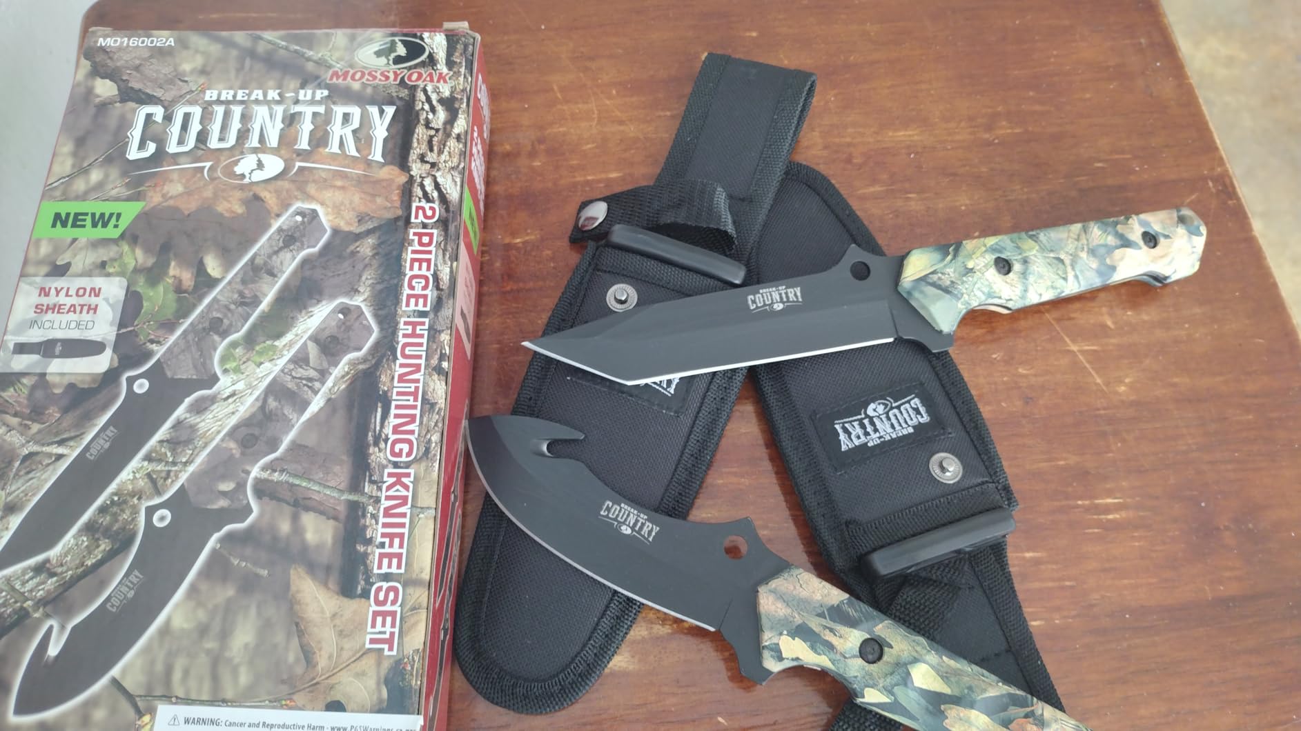 Mossy Oak Fixed Blade Hunting Knife Set - 2 Piece, Full Tang Handle Straight Edge and Gut Hook Blades Game Processing Knife, Sheath Included - Yellow Camo customer photo 1