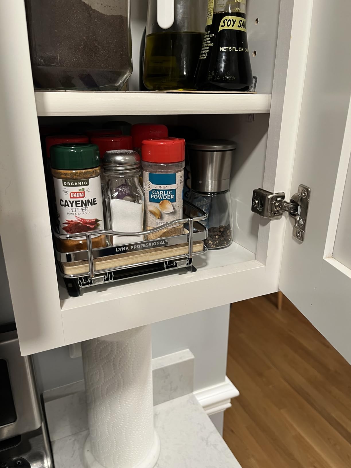 LYNK PROFESSIONAL® Pull Out Spice Rack Organizer for Inside Kitchen Cabinets - 4-3/8 inch Wide - Slide Out Drawer – Chrome Sliding Spice Organization for cabinet - Spice Racks - 2 Tier - Customer Photo 1