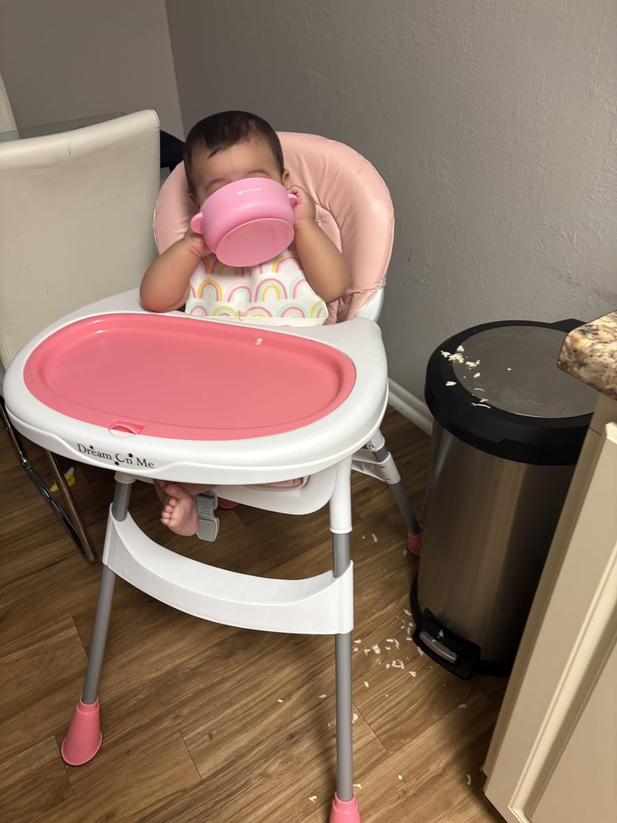Dream On Me TableTalk 2-in-1 High Chair for Baby & Toddler - Convertible High Chair to Junior Chair, Removable Padded Seat, Dual Dishwasher-Safe Trays, Styrdy Steel Frame, Quick Folding Design - Pink customer photo 1