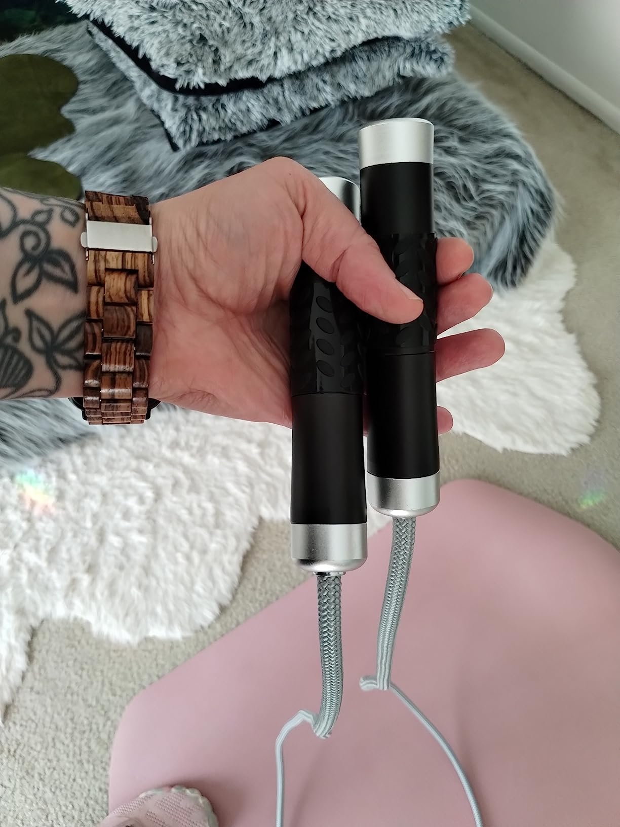 Redify Weighted Jump Rope for Workout Fitness(1LB), Tangle-Free Ball Bearing Rapid Speed Skipping Rope for MMA Boxing Weight-loss,Aluminum Handle Adjustable Length 9MM Fabric Cotton+9MM Solid PVC Rope customer photo 2