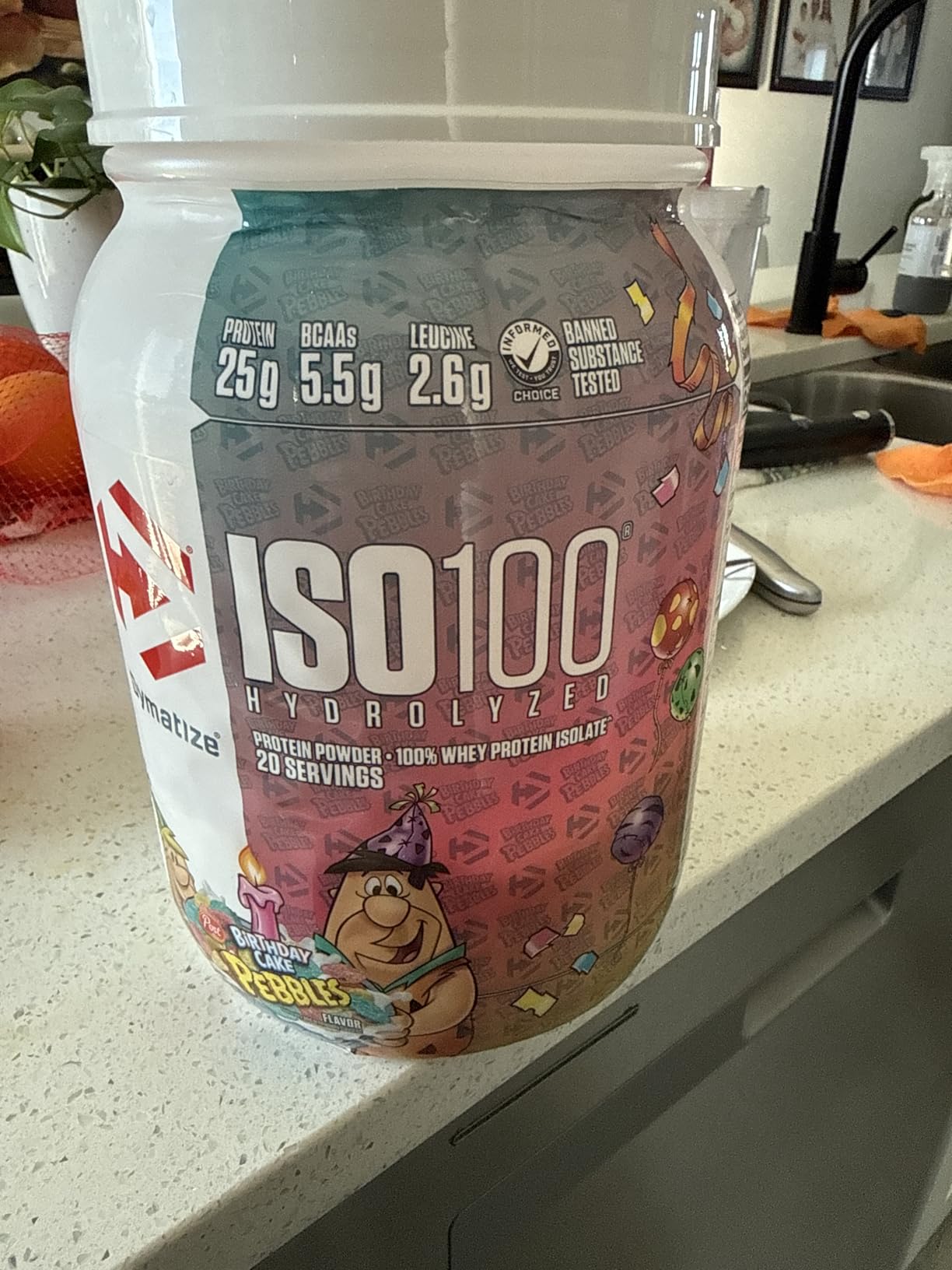 Dymatize x Fruity Pebbles ISO100 Whey Protein Powder Isolate, 25g of Protein, 20 Servings, 5.5g BCAAs, 120 Cal., Gluten Free, 1g Fat, 1g Sugar, 2g Carb customer photo 2