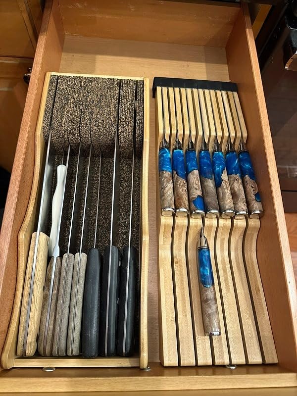 SENKEN Damascus Steak Knife Set - Tsunami Collection - 67-Layer Japanese VG10 Steel - Razor Sharp Non-Serrated Blades, Blue Resin & Natural Wood Pattern Handles, Luxury Gift Box (4 Steak Knife Set) - Customer Photo 2