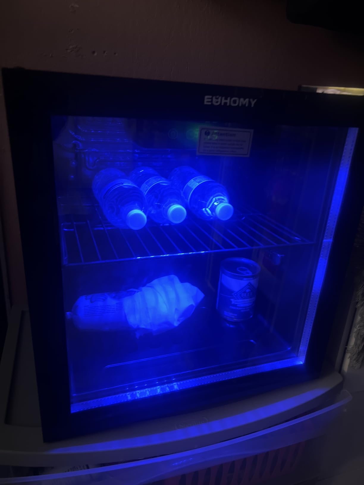 EUHOMY 48 Can Beverage Refrigerator cooler-Mini Fridge Glass Door for Beer Drinks Wines, Countertop Beverage Fridge with Adjustable Shelves Blue LED for Home/Office/Dorm/Bar, 1.3 cu.ft - Customer Photo 4