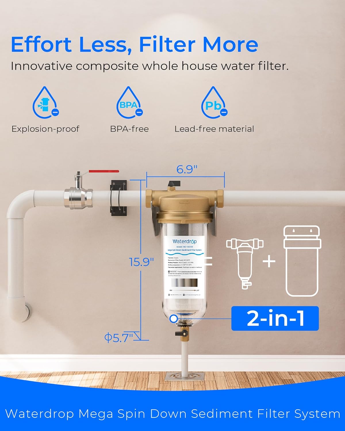 Waterdrop Mega Spin Down Sediment Filter, Reusable Whole House Water Filter System for City Water, Backwash Sediment Water Filter System, 100 Micron+5 Micron PP Filter, 1