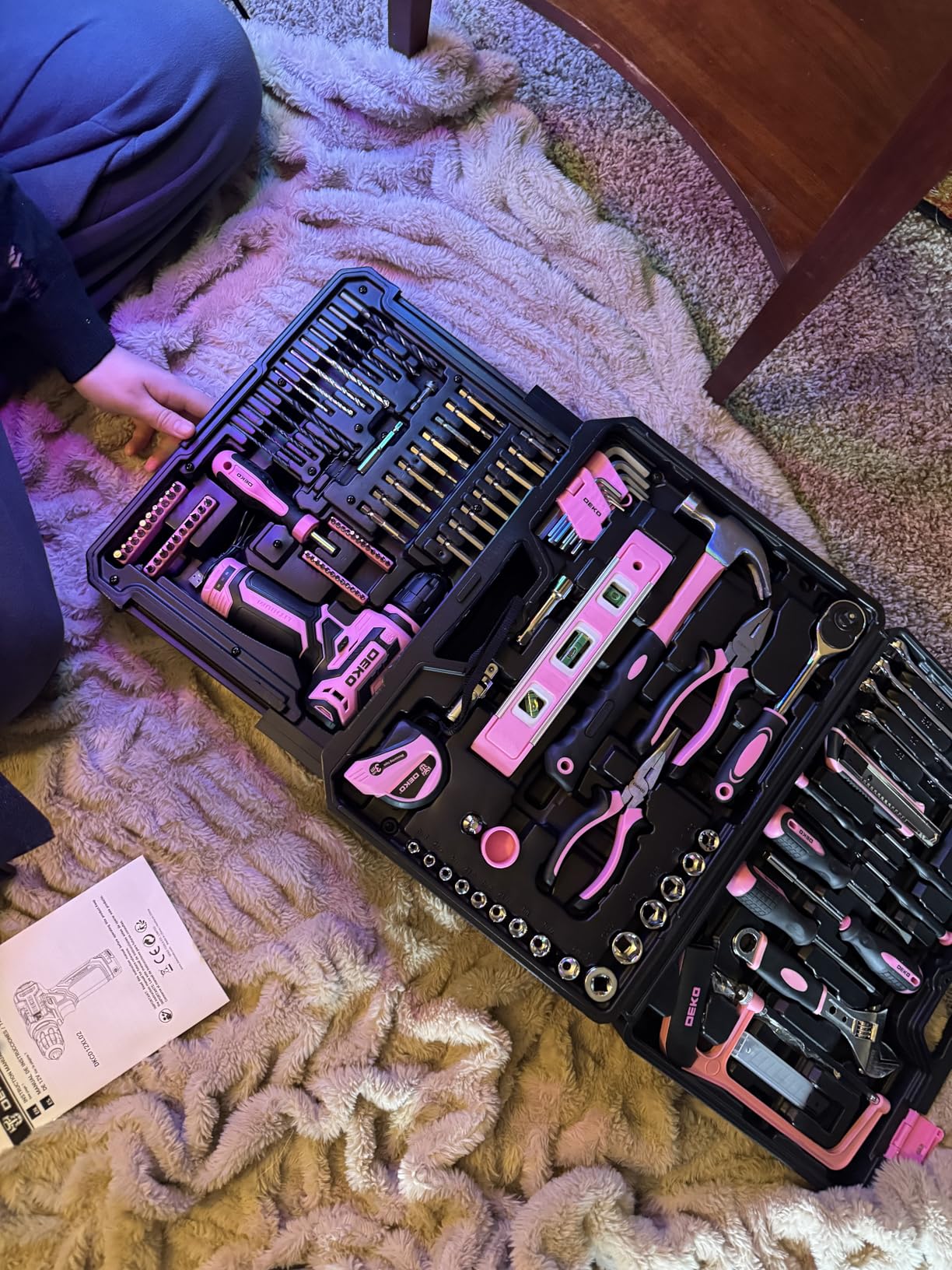 Pink Tool Kit Box Drill Set：DEKOPRO Home Mechanic Toolbox with 12V Power Cordless Drill Hand Repair Tools Sets Combo Kits Storage Organizer Drawer Case for Men & Women customer photo 2