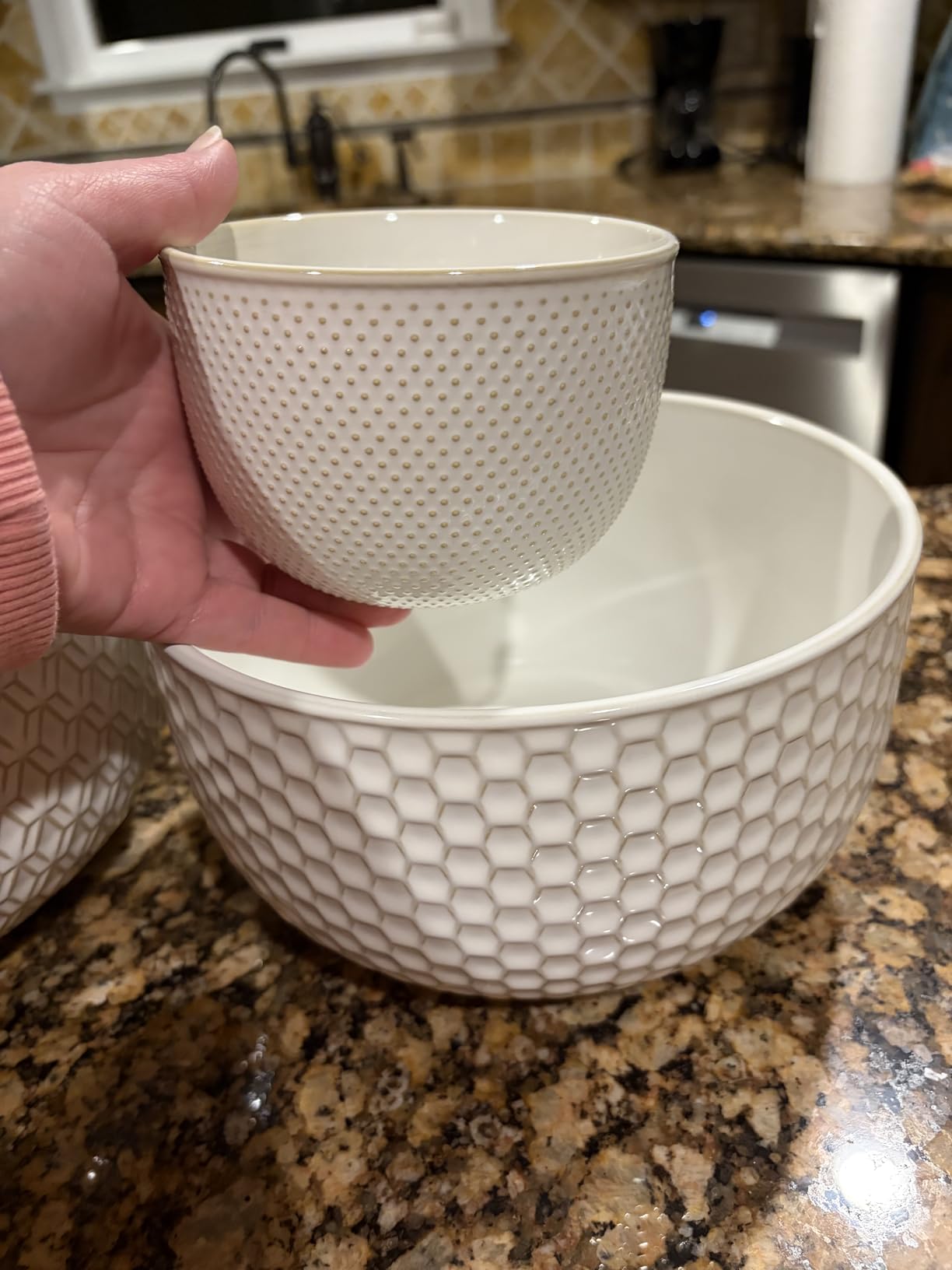 KooK Ceramic Mixing Bowls, Nesting Set of 4, Embossed Kitchen Dishware, Prep, Serving, Gift, Microwave and Dishwasher Safe, 20/44/98/145 oz, Narbonne Collection (Ivory) - Customer Photo 1