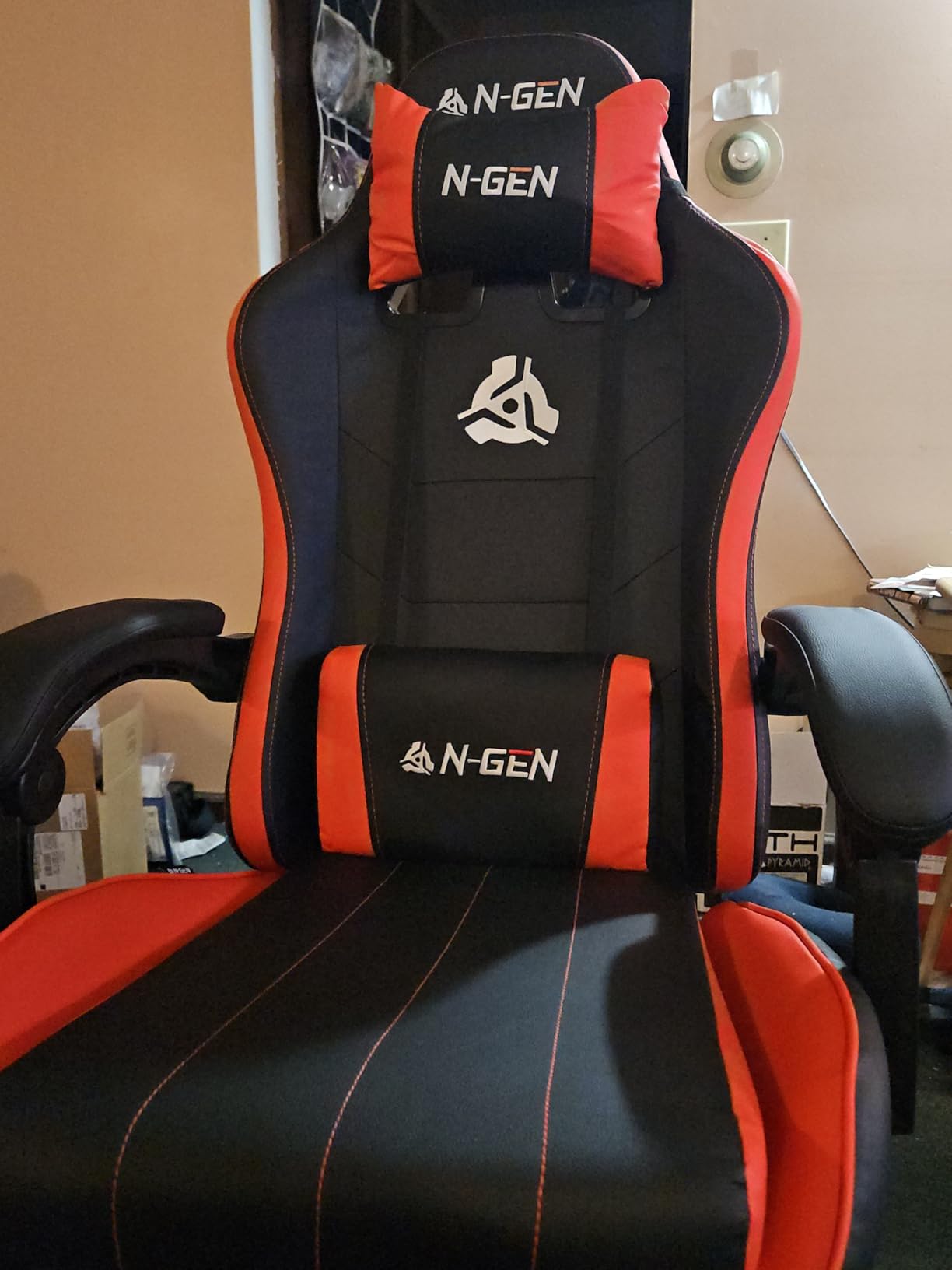 N-GEN GAMING Video Gaming Chair with Footrest Lumbar Support for Home Office High Back Recliner Height Adjustable Ergonomic Comfy Leather Computer Desk Chair (Red) customer photo 1