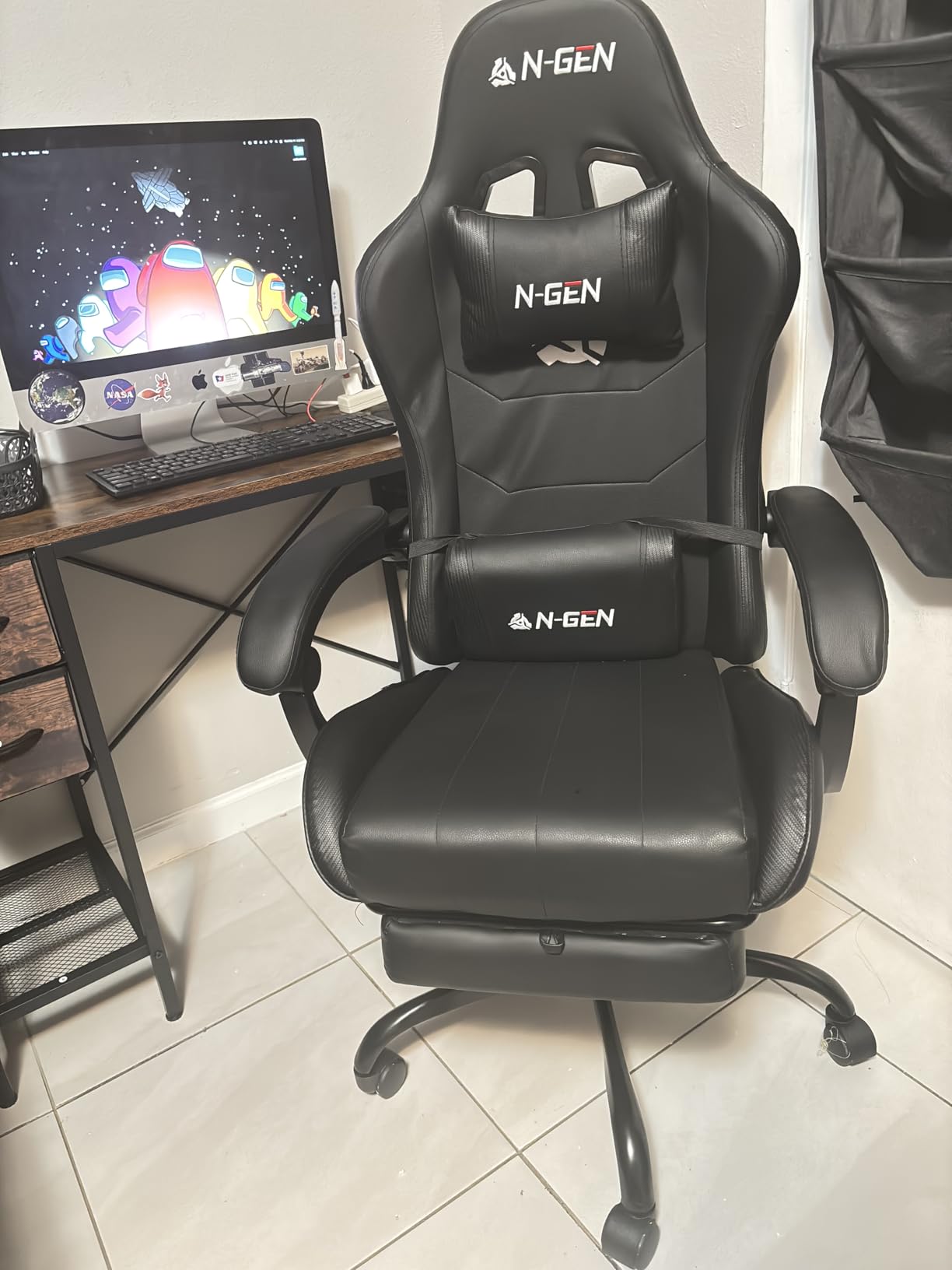 N-GEN GAMING Video Gaming Chair with Footrest Lumbar Support for Home Office High Back Recliner Height Adjustable Ergonomic Comfy Leather Computer Desk Chair (Red) customer photo 2