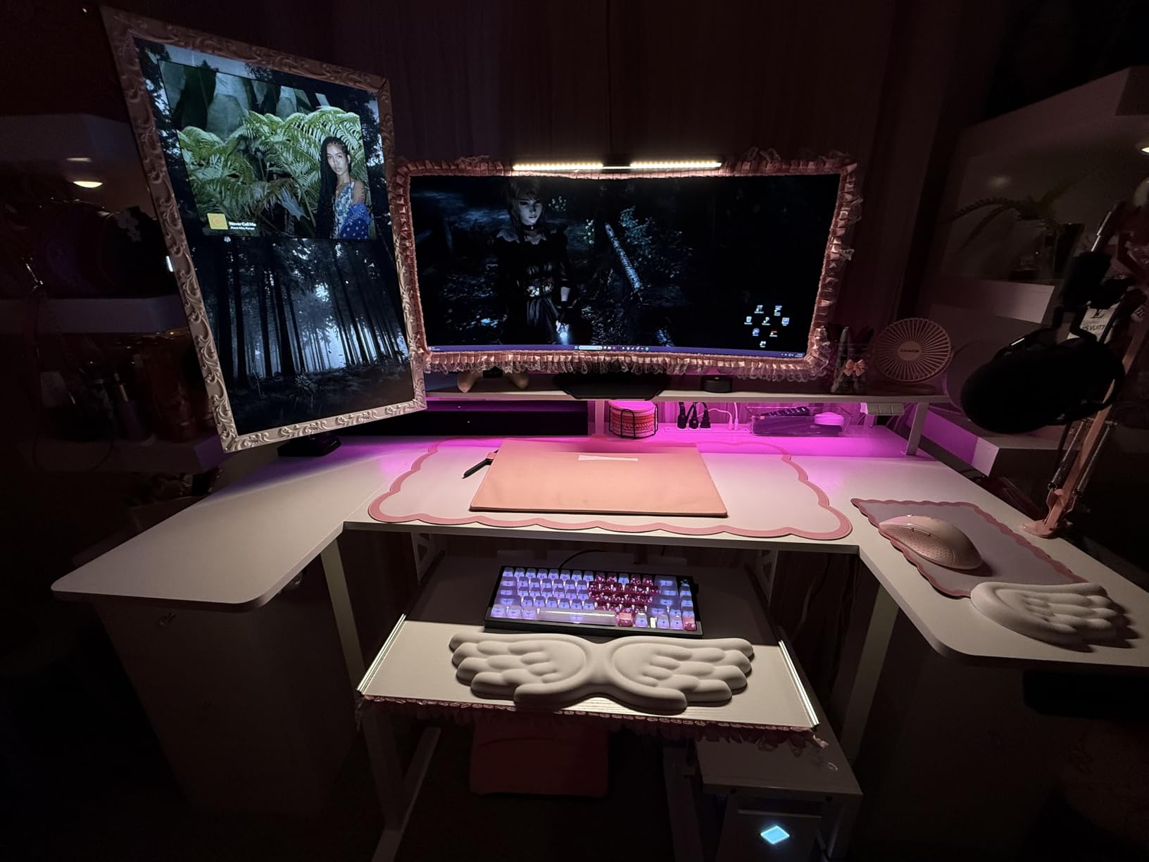 OffiGo U Shaped Electric Standing Desk with Keyboard Tray, 55 Inch Height Adjustable Desk with Power Outlets & LED Lights, Sit Stand Table with Monitor Stand for Home, Office, White customer photo 2