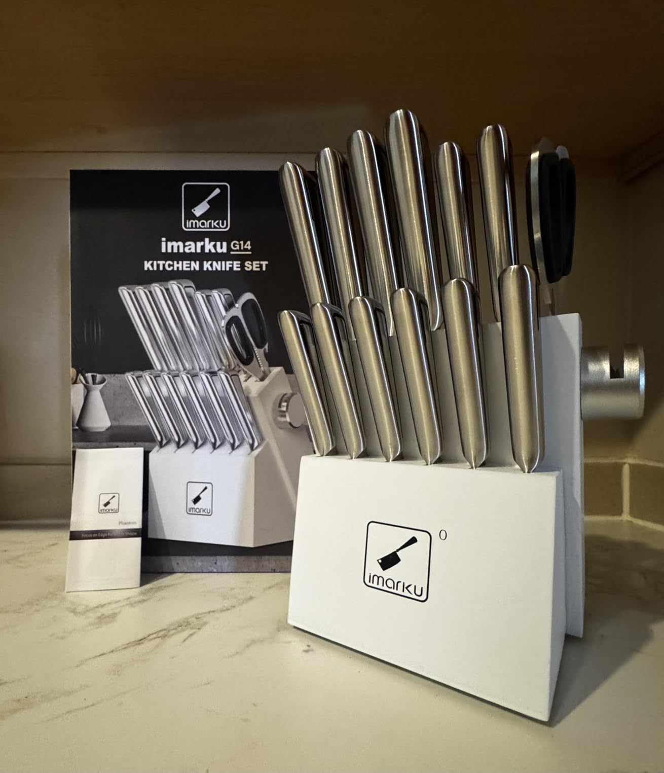 imarku 15-Piece Knife Set with Block, High Carbon Stainless Steel Kitchen Knives with Built-in Sharpener, Dishwasher Safe, Ergonomic Non-Slip Handle, Perfect for Home Cooks & Chefs, White Customer Review imarku 15-Piece Knife Set with Block, High Carbon Stainless Steel Kitchen Knives with Built-in Sharpener, Dishwasher Safe, Ergonomic Non-Slip Handle, Perfect for Home Cooks & Chefs, White - Customer Photo 4