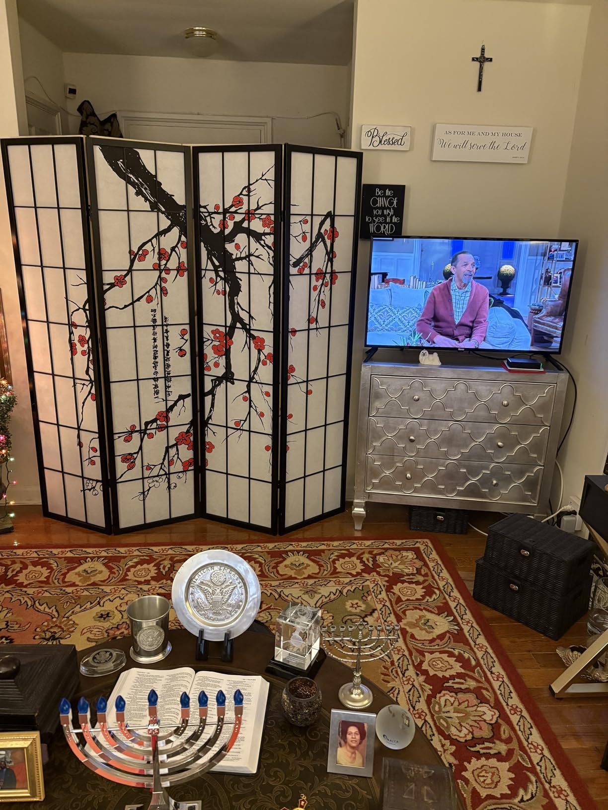 Roundhill Furniture Black Japanese 4-Panel Screen Room Divider, Plum Blossom customer photo 1