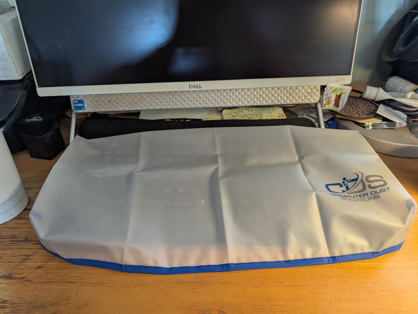 Keyboard Dust Cover, Covers Standard Size PC Keyboards, Silky Smooth Antistatic Vinyl, Translucent Coconut Cream Color with Blue Trim, Larger, (18W x2H x7D) customer photo 2