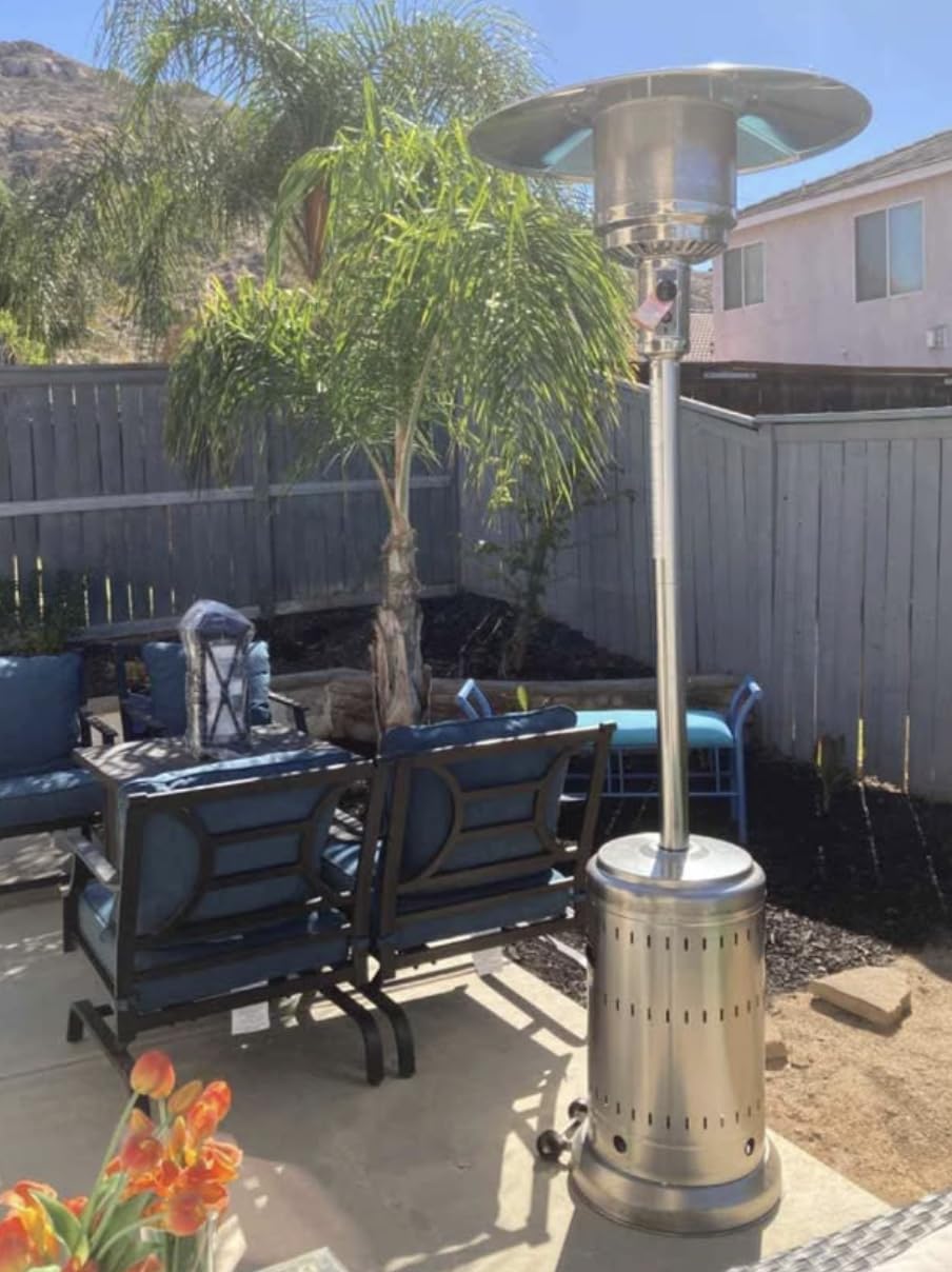 Amazon Basics 46,000 BTU Portable Outdoor Propane Patio Heater with Wheels, Commercial & Residential with Water Tank, Adjustable Heat Output, 9-Foot Radius, Slate Gray, 32.1