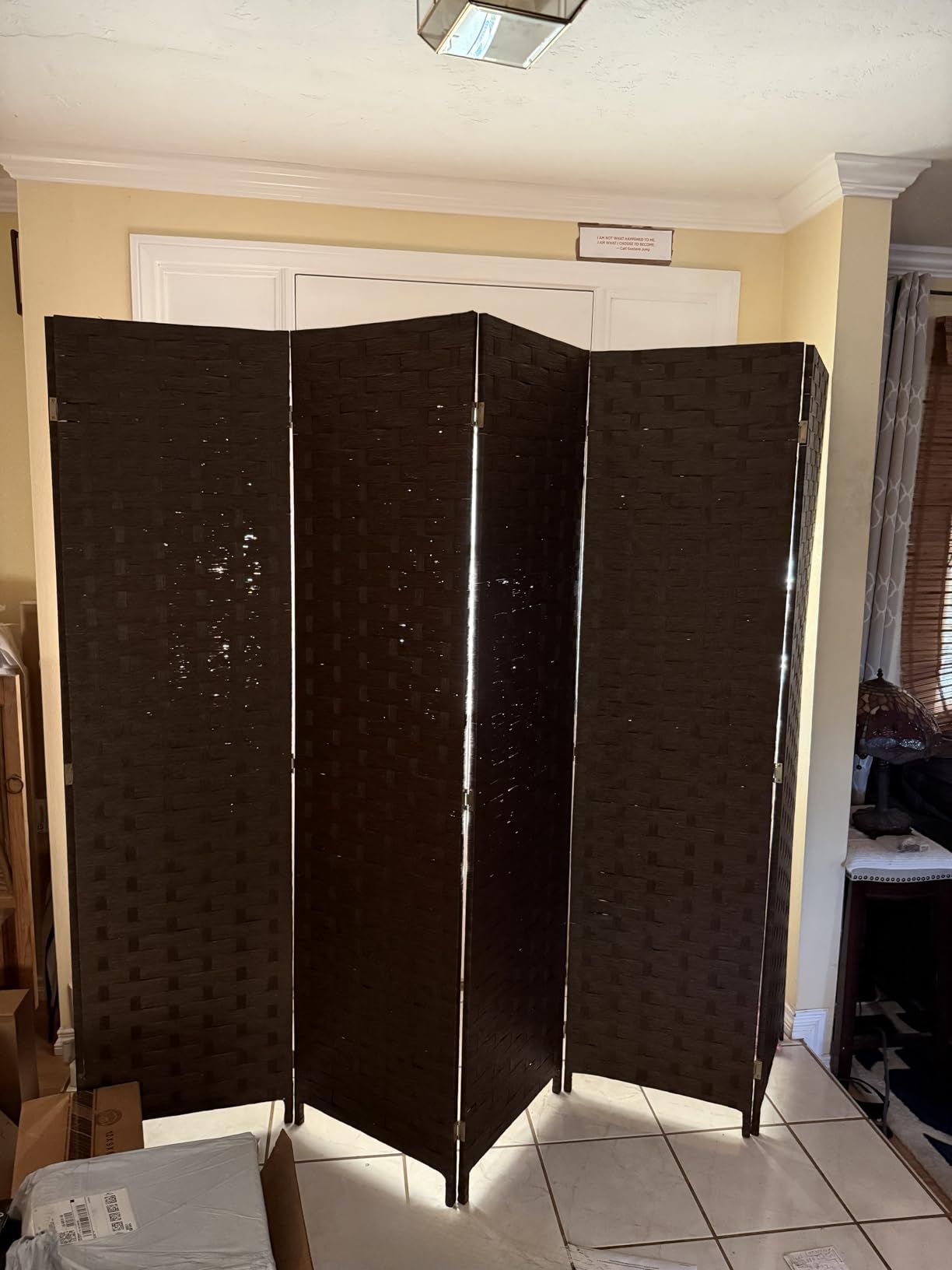 FDW Room Divider 6FT Wall Divider Wood Screen 4 Panels Wood Mesh Hand-Woven Design Room Screen Divider Indoor Folding Portable Partition Screen,Black customer photo 2