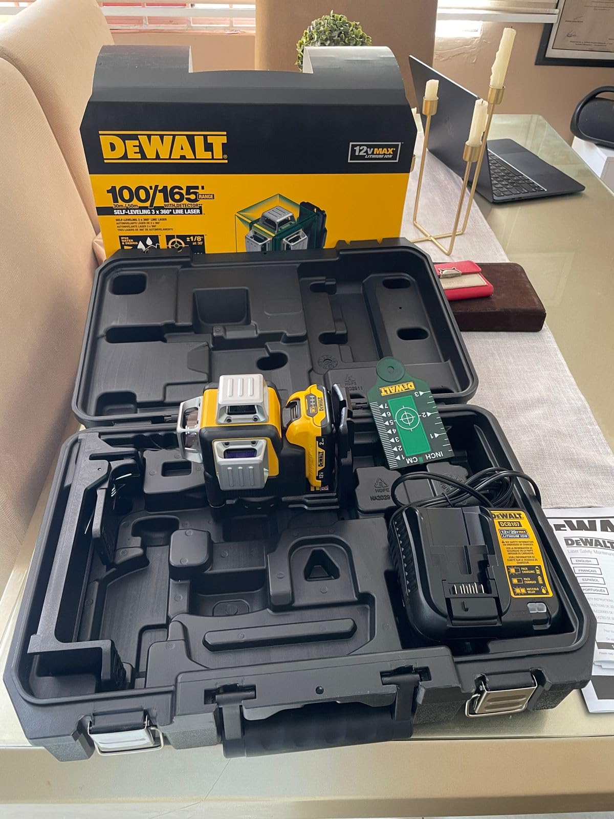 DEWALT Laser Level 360 Self Leveling, 3 Way Green Laser Leveler Tool 12V MAX with 2.0Ah Battery, Charger and Durable Carrying Case, 100 Ft, Tripod Compatible (DW089LG) customer photo 1
