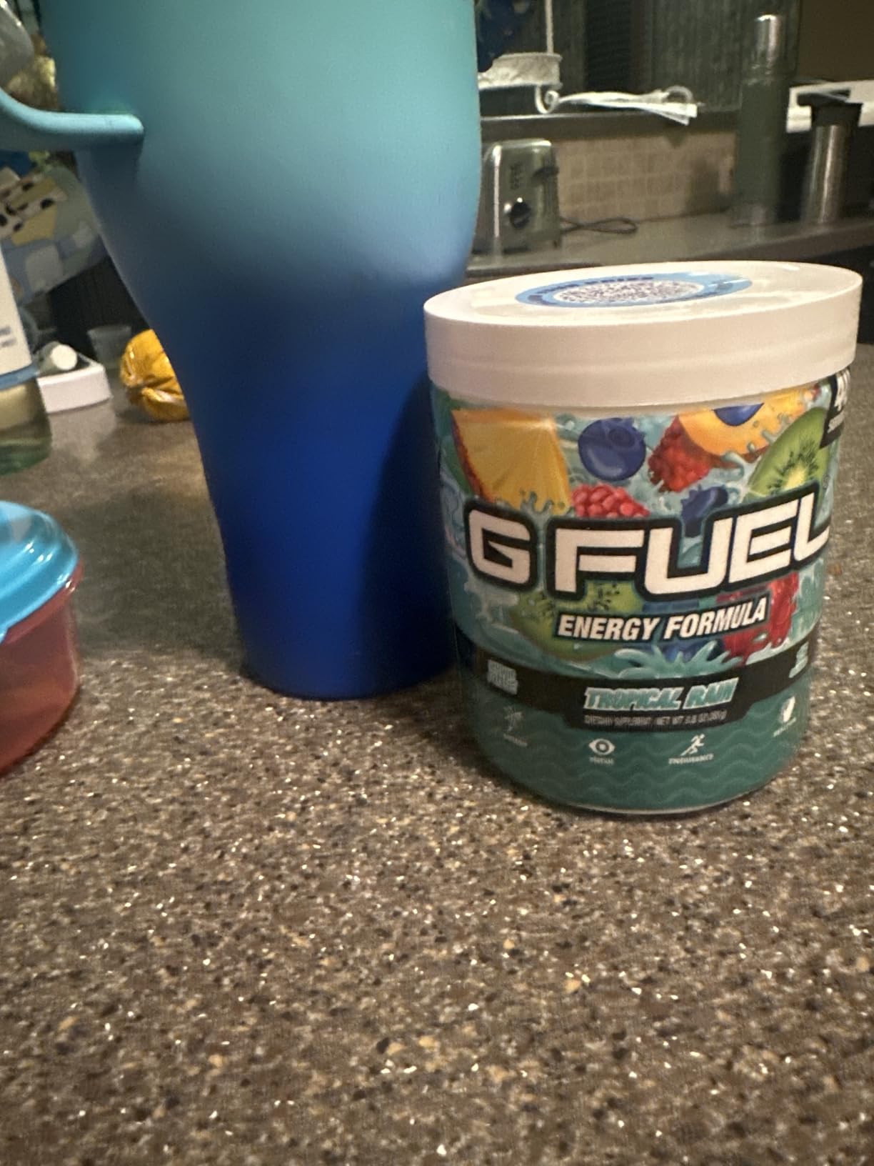 Gamma Labs G Fuel Tropical Rain Energy Drink Powder, Pre Workout Caffeine Mix for Gaming, Sugar Free Focus Amino, Vitamin + Antioxidants, 9.8oz Fruit Medley, 40 Servings customer photo 1