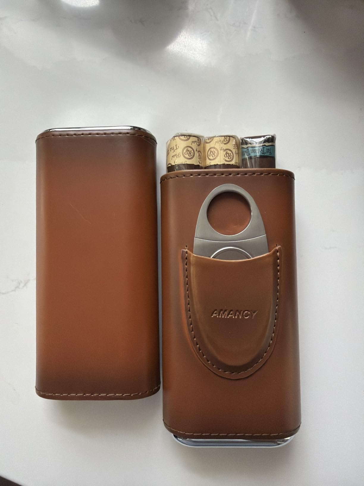 AMANCY Premium 3- Finger Brown Leather Cigar Case, Cedar Wood Lined Cigar Humidor with Silver Stainless Steel Cutter customer photo 1