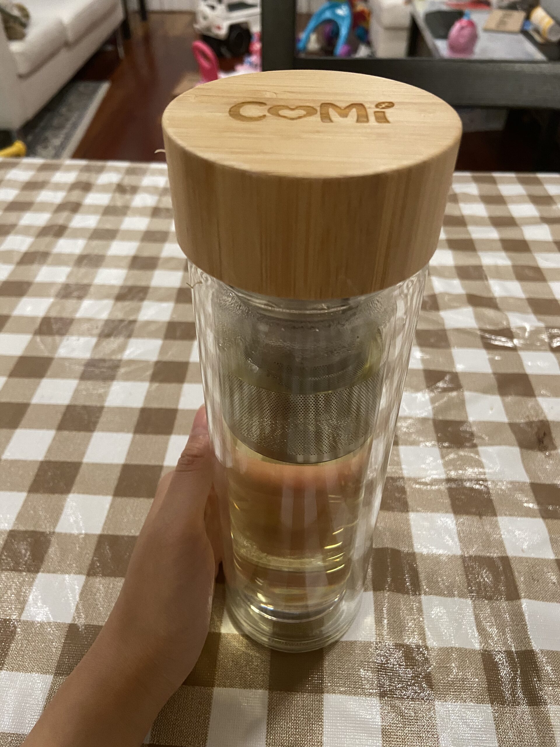 COMI Tea Bottle, 14 oz, Borosilicate Glass, Double Wall, Infuser & Strainer, Bamboo Lid, 400ml customer photo 1