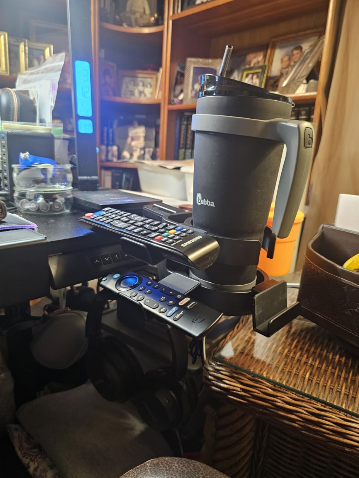 7-in-1 Desk Cup Holder - EURPMASK Organizer with Headphone, Controller Holder, Snack Bucket, and Phone Holder, Clamp-On Desk Accessory with Sturdy Large Storage, Easy to Install, Black customer photo 1