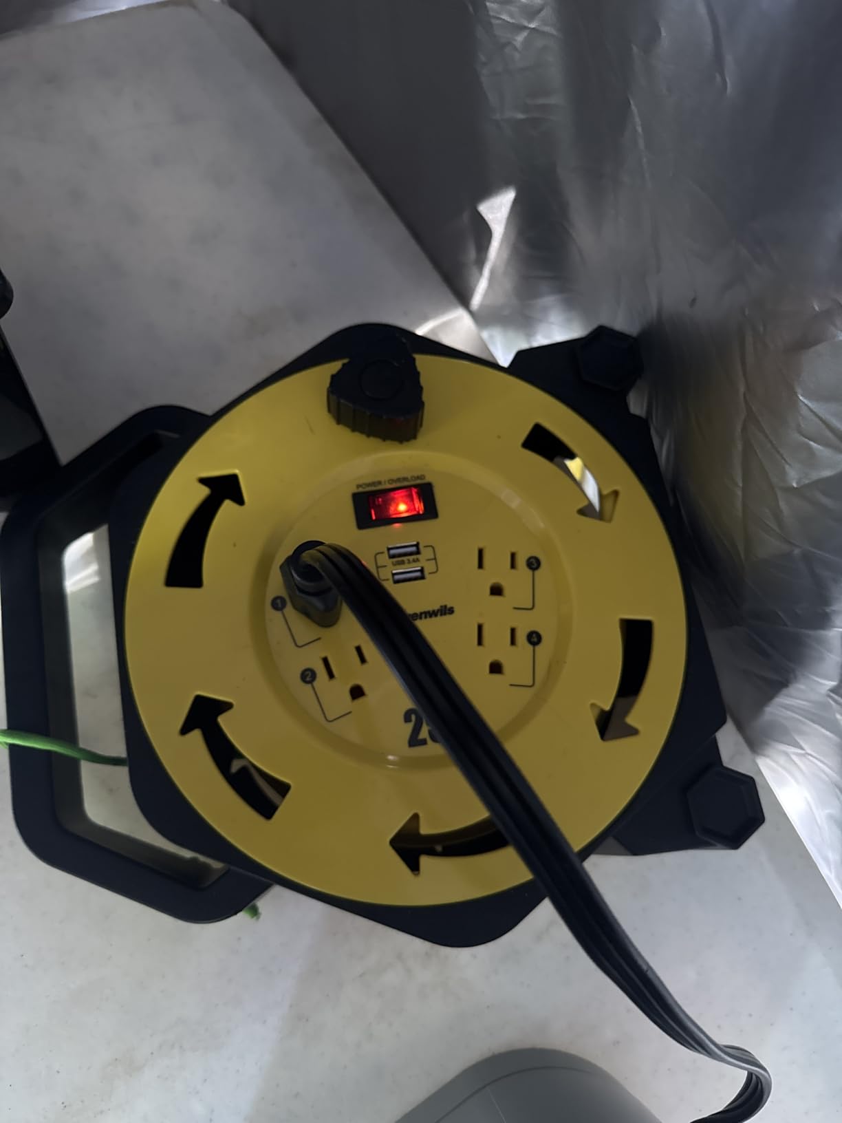 DEWENWILS Extension Cord Reel with 25 FT Power Cord, Hand Wind Retractable, 16/3 AWG SJTW, 4 Grounded Outlets, 13 Amp Circuit Breaker, Yellow, Black, UL Listed customer photo 2