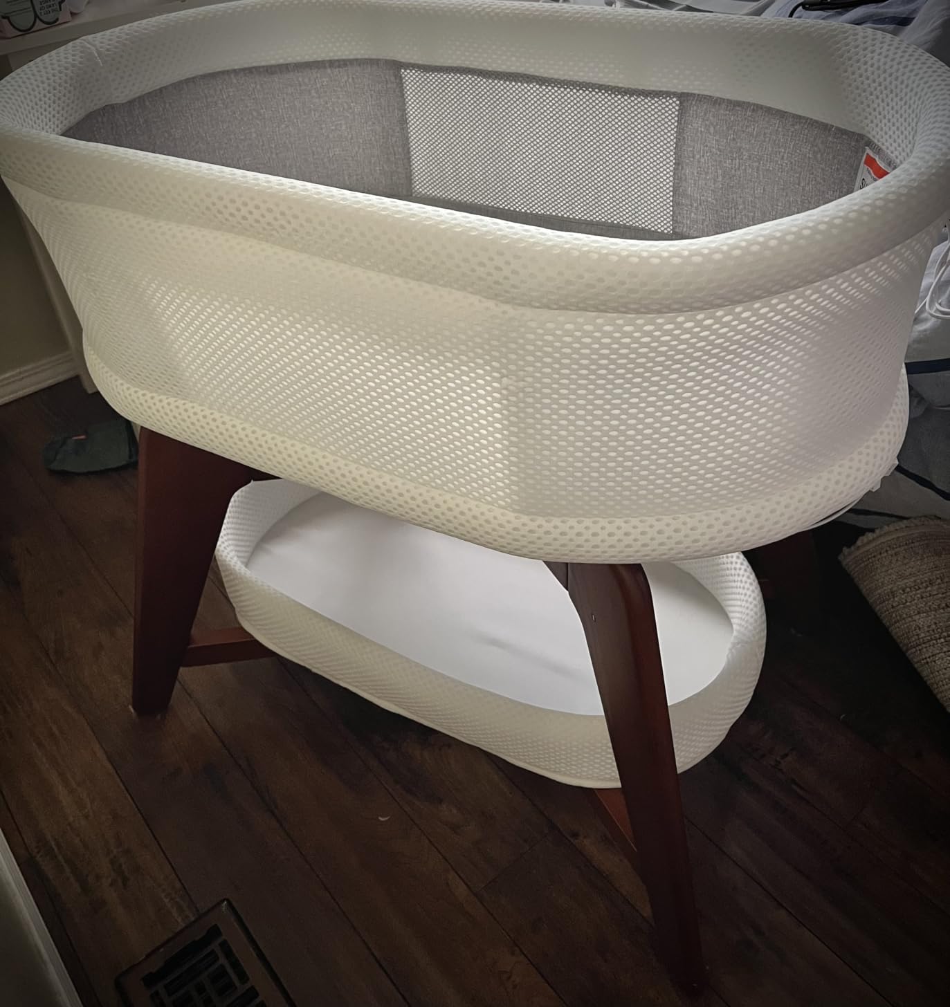 Evi Smart Baby Bassinet Beside Sleeper with Auto-Glide, Ambient Nightlight & Sensory Sounds, Compatible with Alexa and Google Home, Includes 2 Sheets (Soft White w/Espresso Legs) customer photo 1