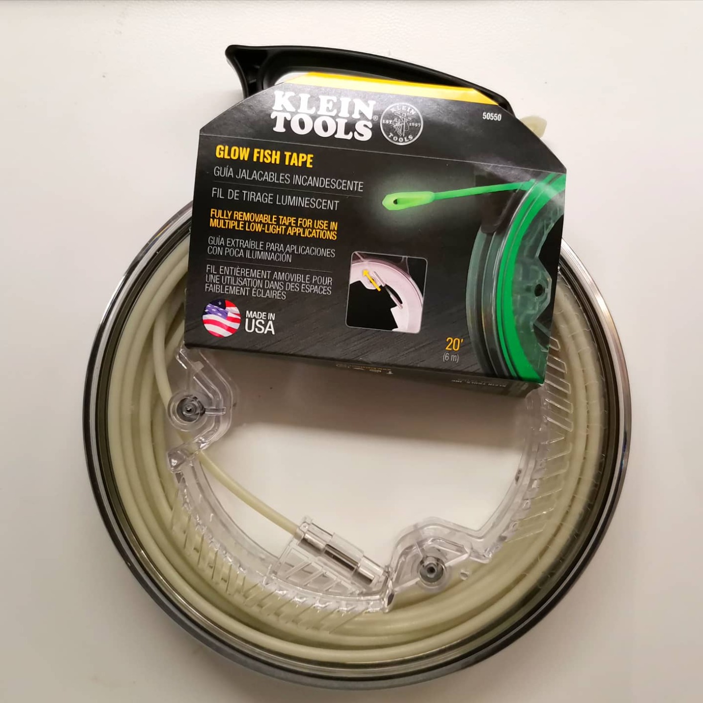 Klein Tools 50550 Glow-in-the-Dark Fish Tape, Made in USA, Fiberglass with Nylon Tip and Stainless-Steel Connector. Ideal for Fish Rod, 20-Foot customer photo 1