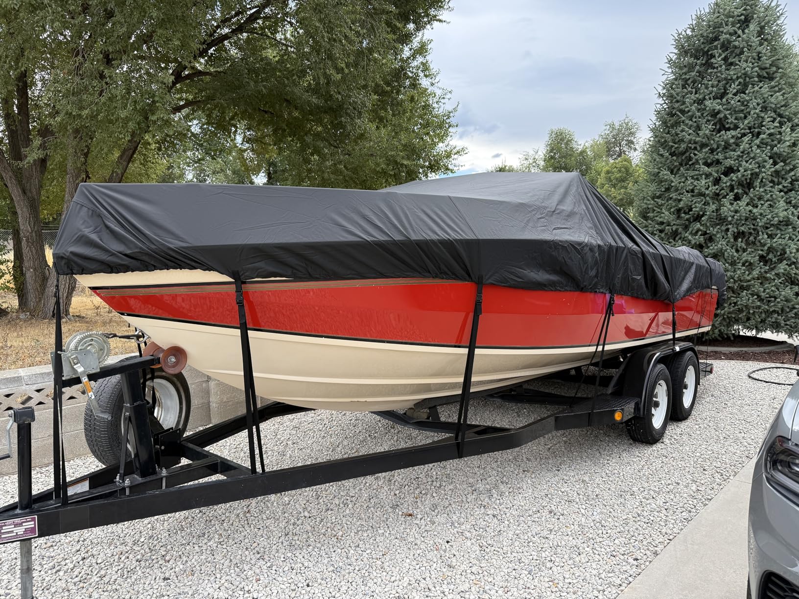 Mancro Boat Cover, 17-19ft Waterproof Trailerable Boat Cover, Heavy Duty UV Resistant Marine Grade Outboard Cover Compatible for Bass Boat, Fits Bayliner Tri-Hull V-Hull Fishing Runabout Boat, Black customer photo 1