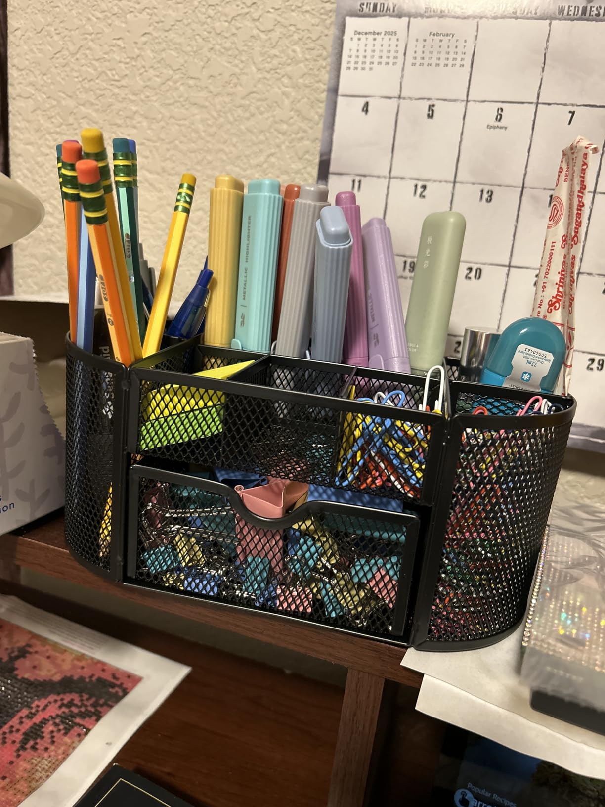 Amazon Basics Mesh Desk Organizer with Pen Holder, Pullout Drawer and Office Caddy Storage, 9.25