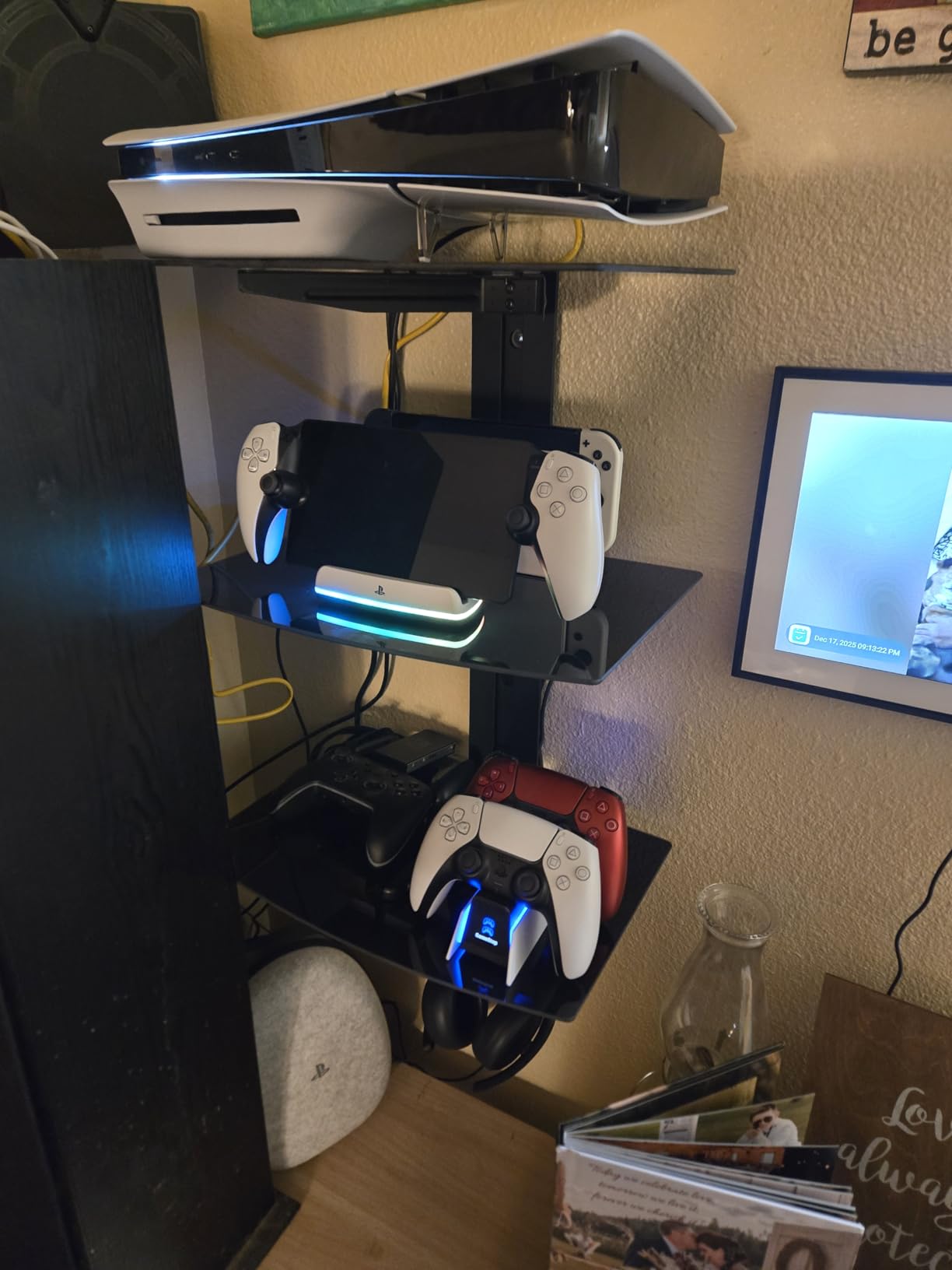 Suptek Glass Floating Shelves, TV Wall Mount with Shelf for DVD Player / PS4 / Cable Boxes/Game Consoles/Sky Box/TV Accessories, Flat Black 2-Tier Wall Mount Bracket customer photo 1