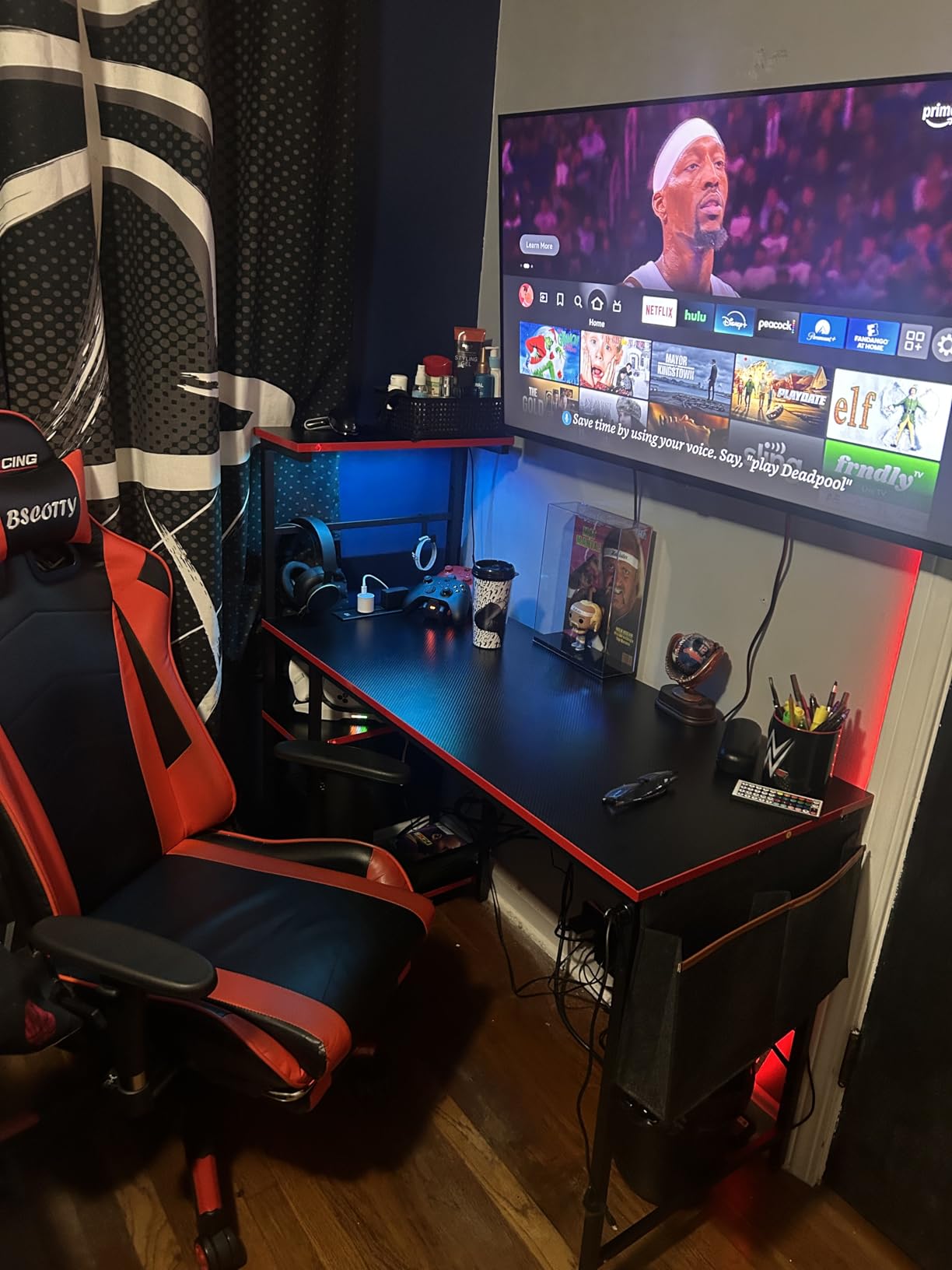 Bestier Gaming Desk with LED Lights, 44 Inch PC Gamer Desk for Small Spaces, Computer Desk with Reversible Storage Shelves & Side Storage Bag (Black 3D Carbon Fiber) customer photo 1