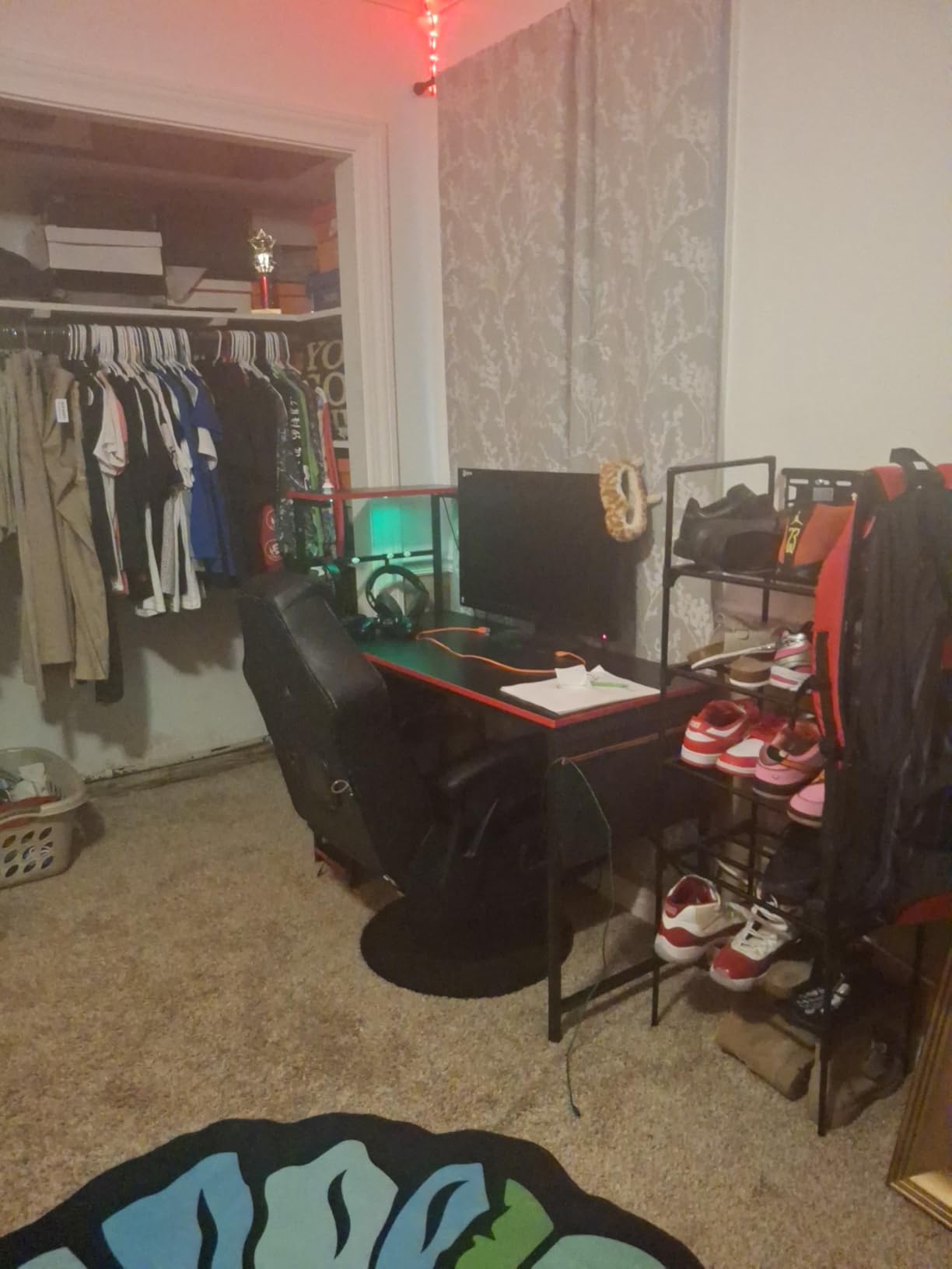 Bestier Gaming Desk with LED Lights, 44 Inch PC Gamer Desk for Small Spaces, Computer Desk with Reversible Storage Shelves & Side Storage Bag (Black 3D Carbon Fiber) customer photo 2