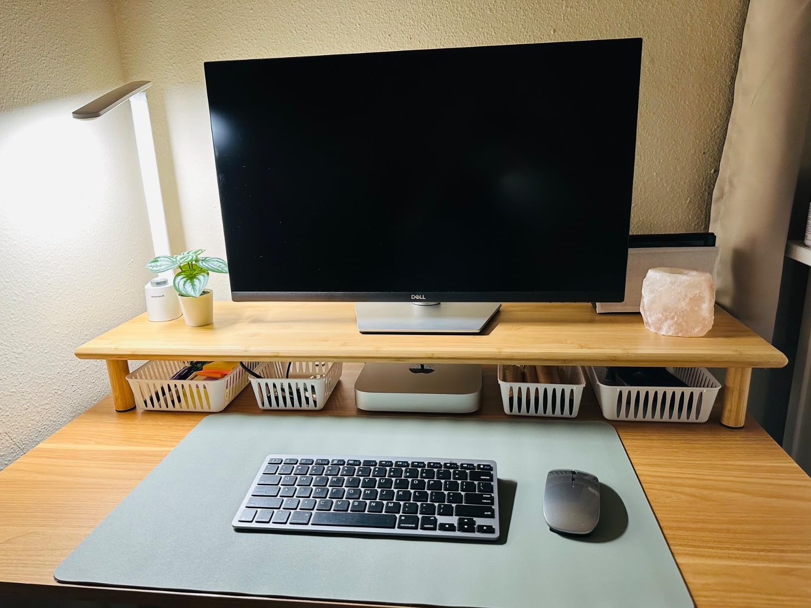 Bamboo Dual Monitor Shelf, Monitor Stand Riser with Underneath Storage for Desk Office Supplies, Supports Heavy TV up to 300 lbs, Natural customer photo 1