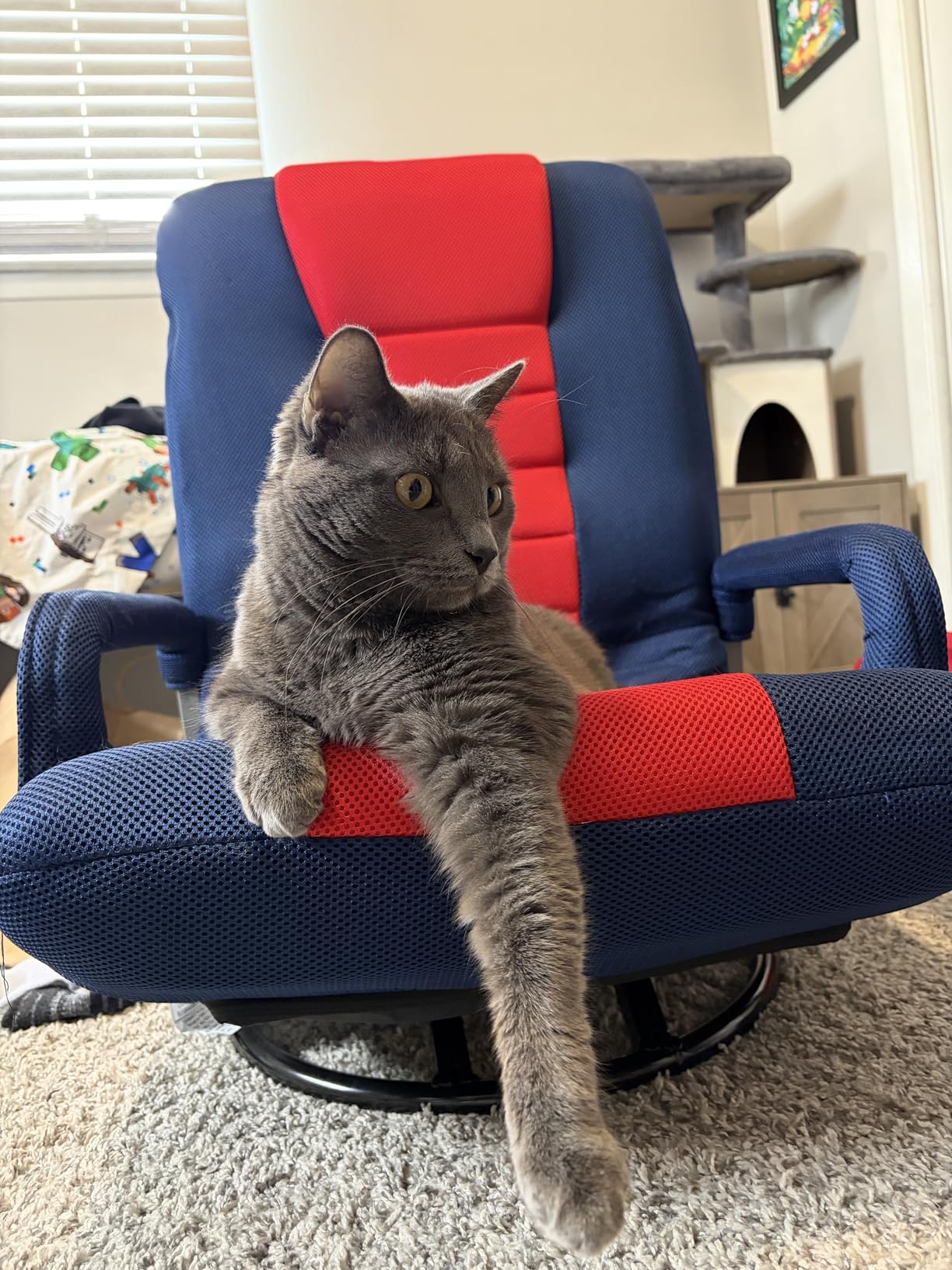 Best Choice Products Swivel Gaming Chair 360 Degree Multipurpose Floor Chair Rocker for TV, Reading, Playing Video Games w/Lumbar Support, Armrest Handles, Adjustable Foldable Backrest - Blue/Gray customer photo 2