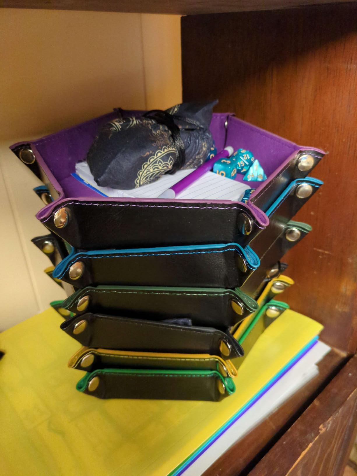 SIQUK 2 Pieces Dice Tray PU Leather Dice Trays Portable Folding Hexagon Dice Roller Tray for Dice Games Like RPG, DND and Other Table Games (Green, Camel) customer photo 1