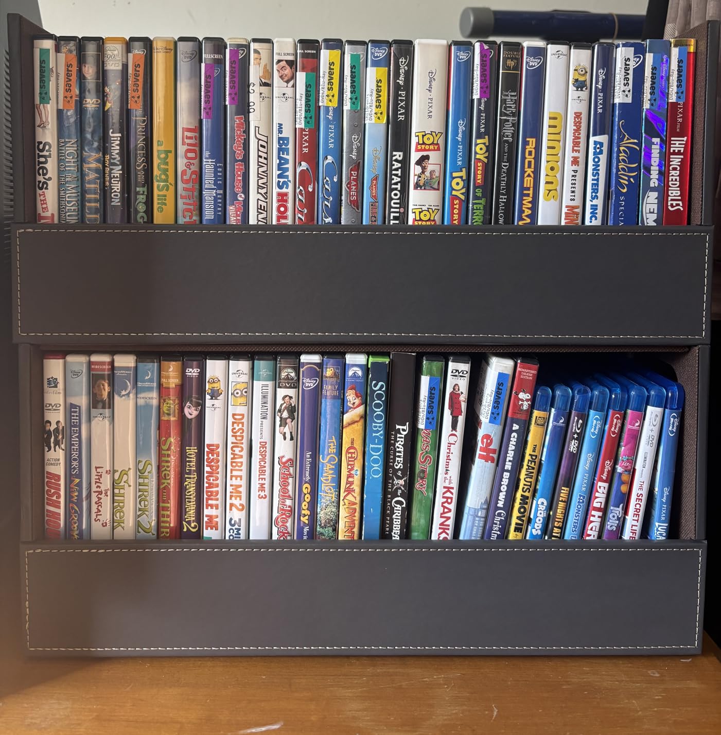 Stock Your Home DVD Storage Box, Movie Shelf Organizer for Blu-Ray, Video Game Cases, CDs, VHS Tape Display Stand, Disc Holder Can Store Up to 28 DVDs, Faux Leather (Black) customer photo 1