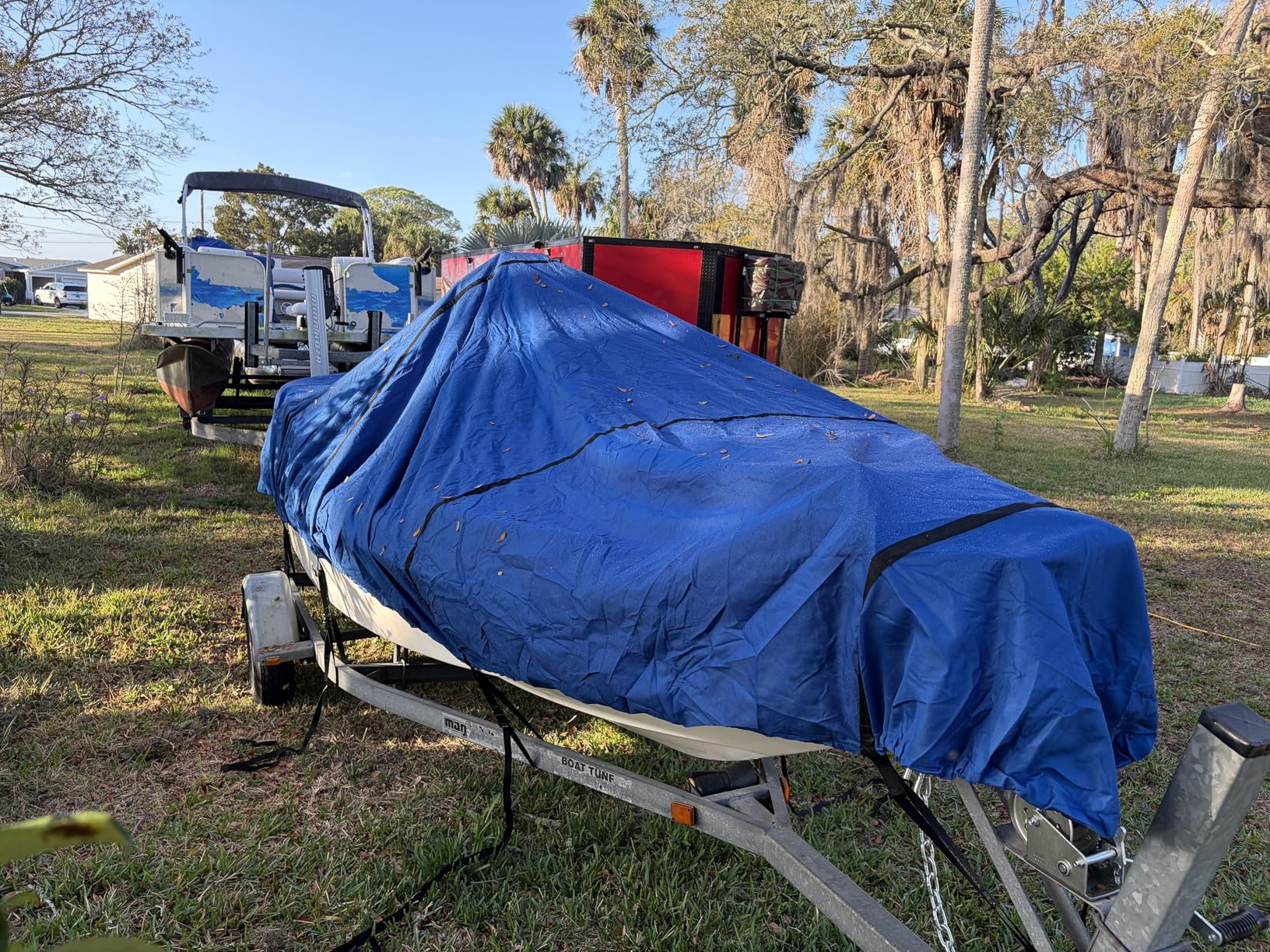 RVMasking Boat Cover, Ultra-Thick 1600D Polyester Canvas with Double PU Waterproof Coating, Fits 17-19ft Tri-Hull, V-Hull, Runabout, Fish & Ski Boat, Bass Boat, Gray customer photo 2