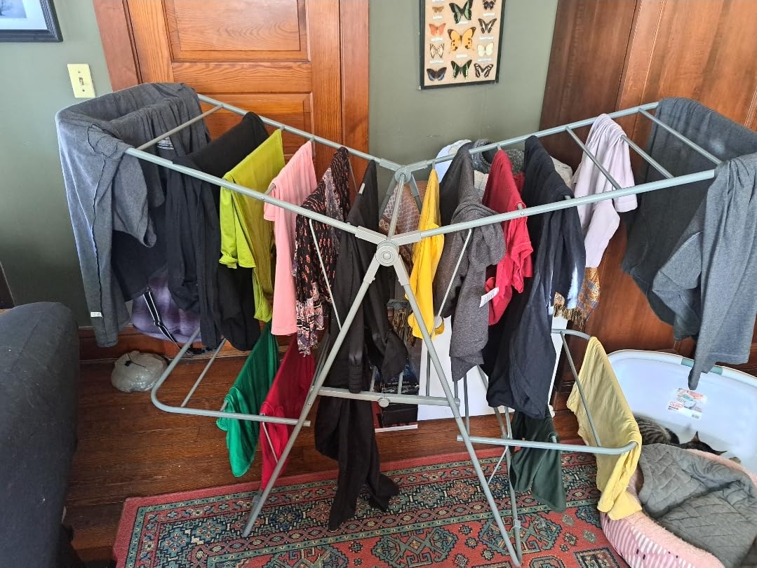 SONGMICS Clothes Drying Rack, Foldable 2-Level Laundry Drying Rack, Free-Standing Laundry Airer, with Height-Adjustable Wings, 33 Drying Rails, Sock Clips, Black ULLR053B01V1 customer photo 1