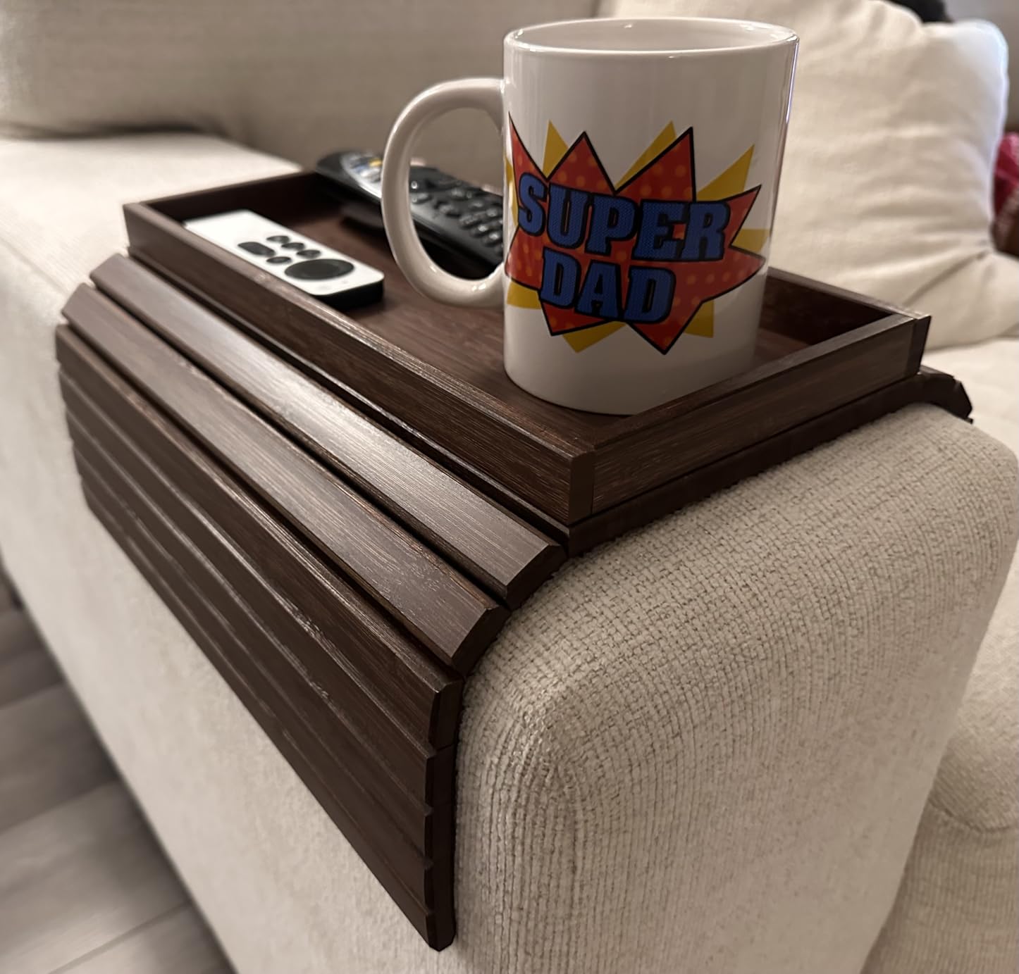 GEHE Bamboo Sofa Arm Tray, Foldable Couch Arm Tray Side Table, Anti-Falling Armrest Tables Cup Holder for Snacks, Drinks, Beers, Phone, Control, Flexible and Portable, Anti-Slip Bottom customer photo 1