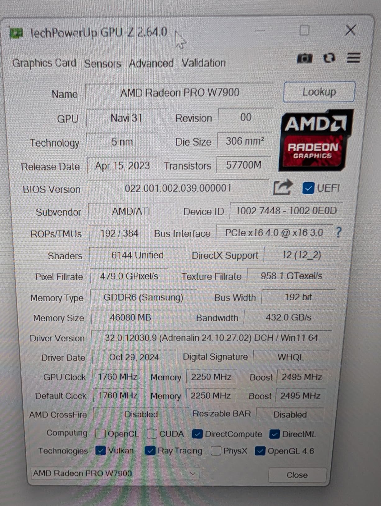 AMD Radeon Pro W7900 Professional Graphics Card, Workstation, AI, 3D Rendering, 48GB GDDR6 customer photo 1