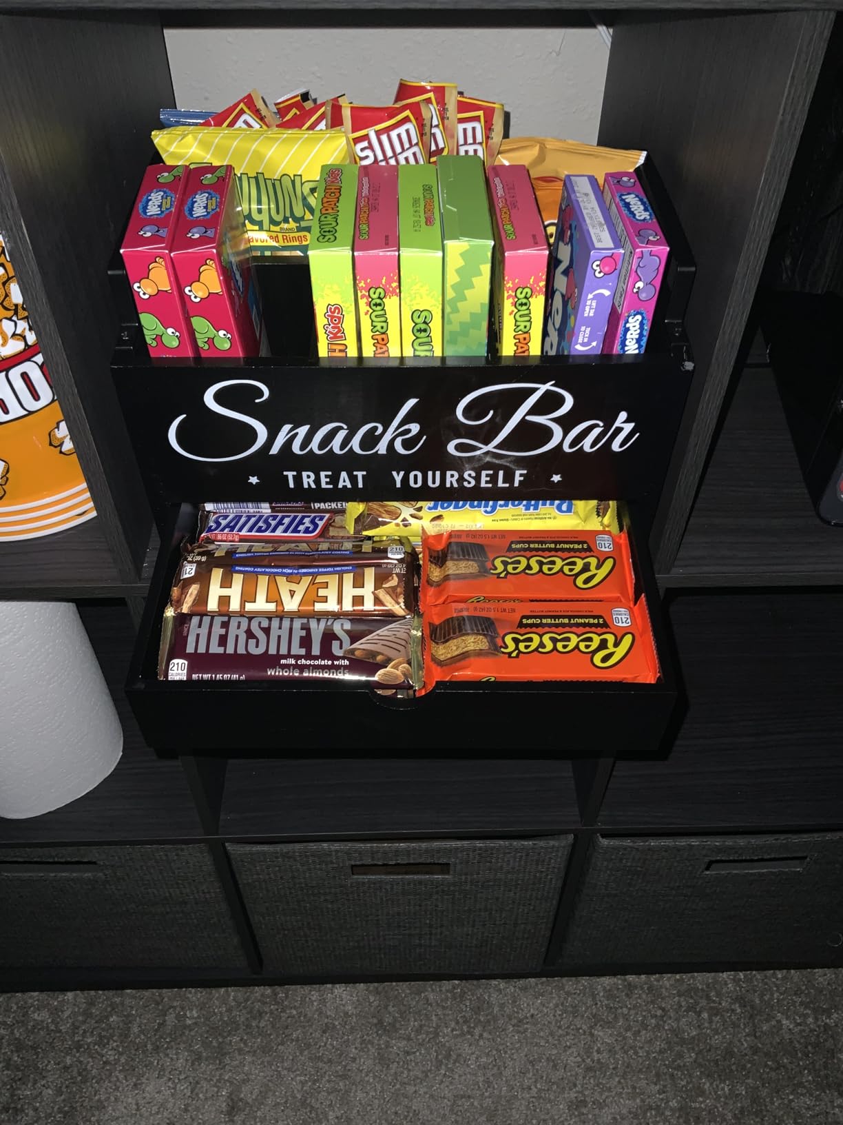 Snack Organizer for Countertop, Wood Pantry Storage Bins with Handles, Snack Bar Organizer for Kitchen, Office, 4 Compartment Food Container Snack Box with Drawer, Pantry Organizer for Chips, Candy customer photo 1