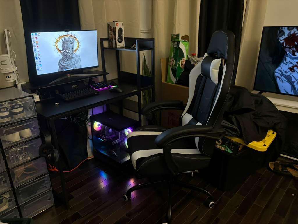 ODK Reversible Gaming Desk LED Lights, 40 Inch Computer Desk with Storage Shelves & Monitor Stand, Study Table for Home Office, Small Space Bedroom, Carbon Fiber Black customer photo 1