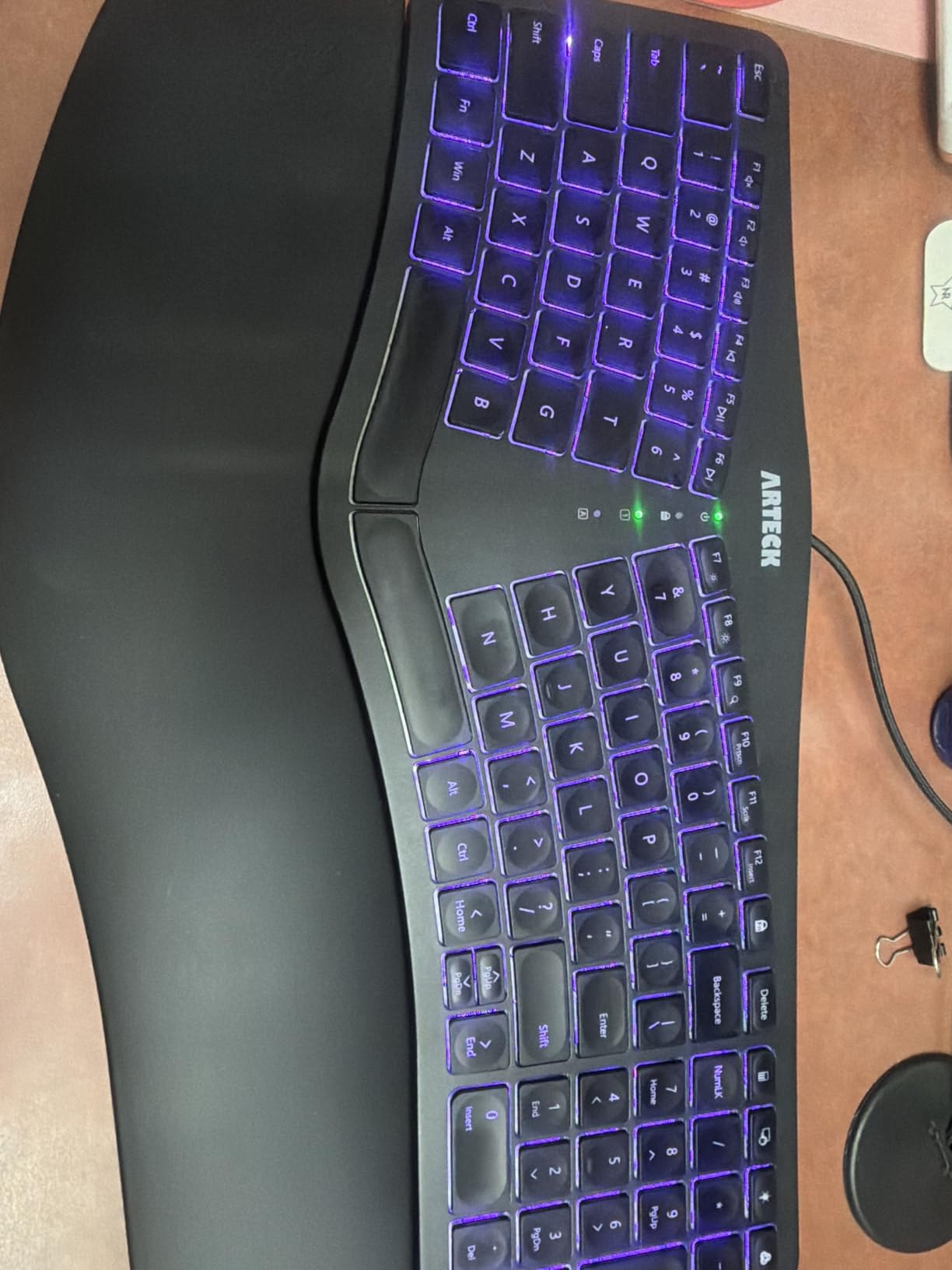 Arteck Ergonomic USB Wired Keyboard with Cushioned Wrist and Palm Rest, Backlit 7 Colors and Adjustable Brightness Comfortable Natural Split Keyboard, Windows customer photo 1
