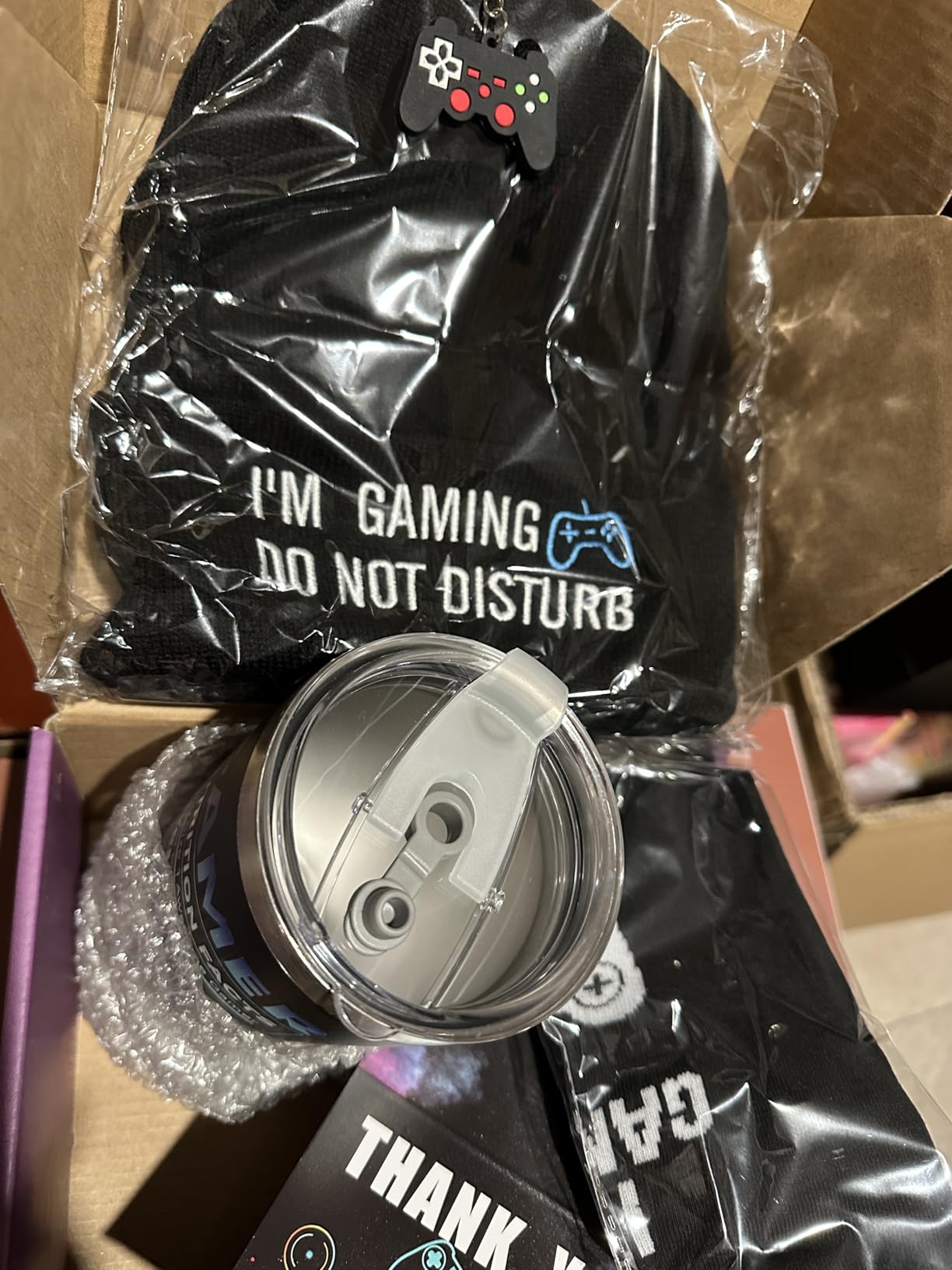 Gamer Gifts, 8PCS Cool Gaming Gift Bulk Set Includes Tumbler Straw Beanie Socks Key Chain Thanks Card Gift Box, Christmas Gifts for Teen Teenage Boys Men Idea customer photo 1