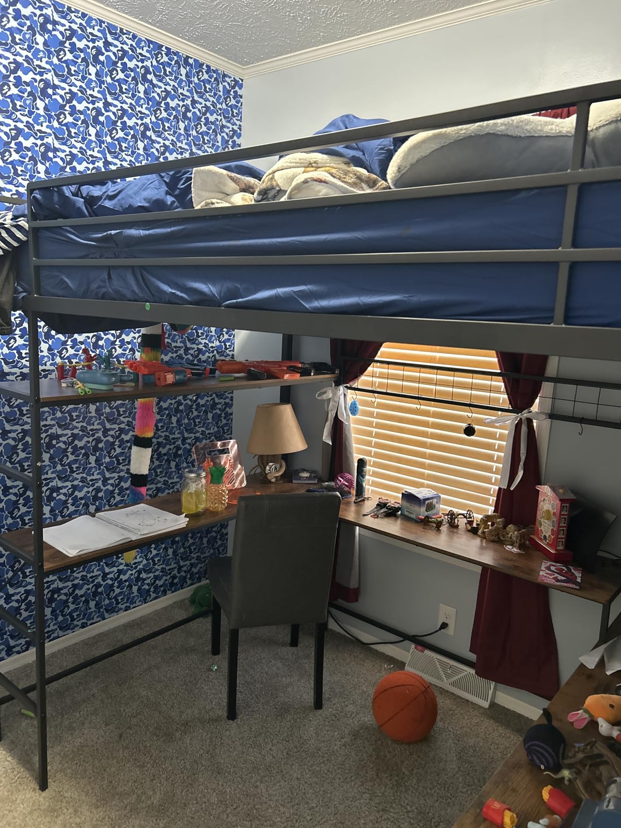 DICTAC Twin Loft Bed with L-Shaped Desk, LED Lights,Charging Station LED Metal Kids Loft Bed Twin Size with 3 Storage Shelves and 3 Fabric Drawers, Safety Guard & Ladder,No Box Spring Needed, Black customer photo 2