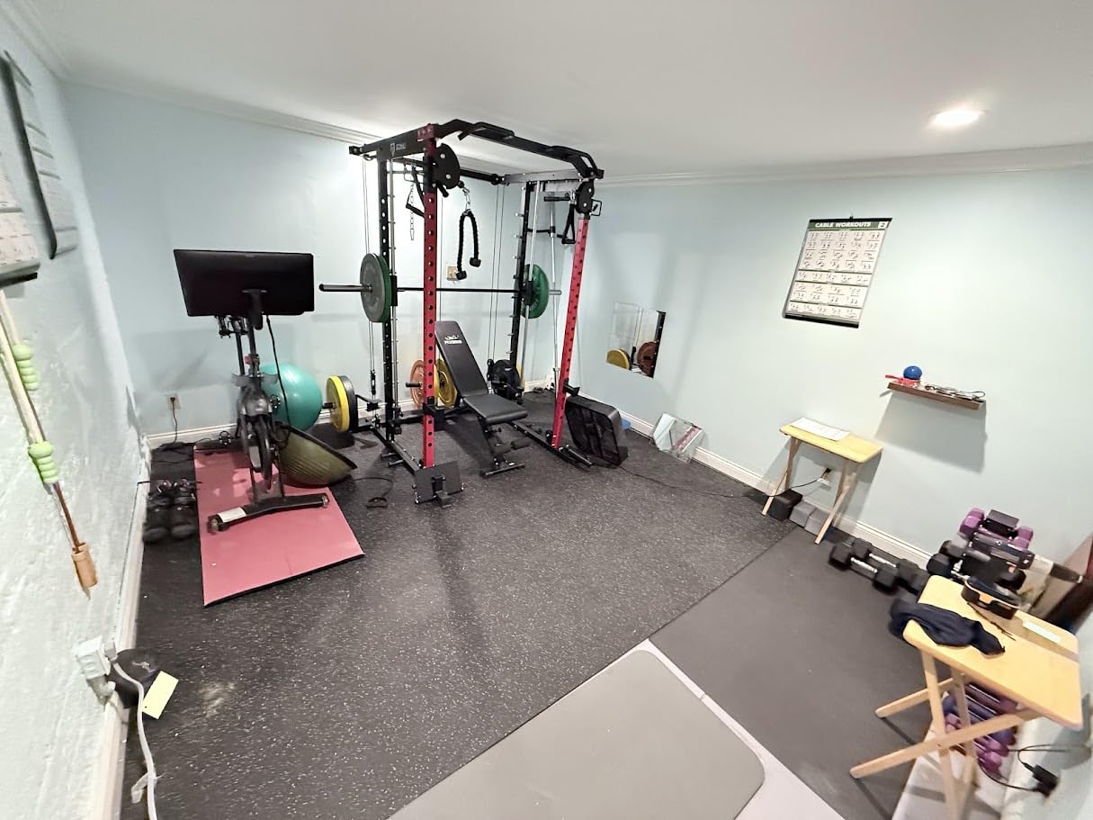 AIRHOP 0.56in Thick 48 Sq Ft Exercise Equipment Mats, 12 Tiles Upgraded Rubber Top with High Density EVA Foam, Large Interlocking Puzzle Gym Flooring for Home Gym, Heavy Weight Workout, 24 x 24in customer photo 1