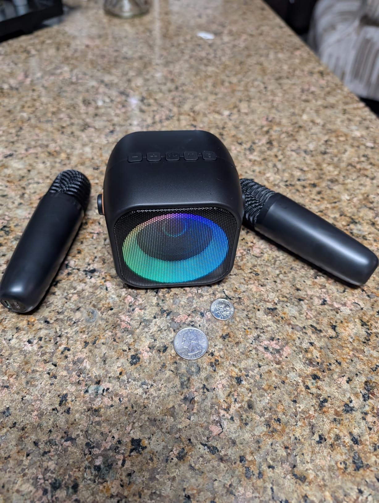 Mini Karaoke Machine, Portable Bluetooth Speaker with 2 Wireless Microphones | 360° Surround Sound, 5 Voice Effects, Bluetooth 5.0, LED Lights, TF/USB/AUX, For Kids and Adults, Family Home Party and Gifts customer photo 1