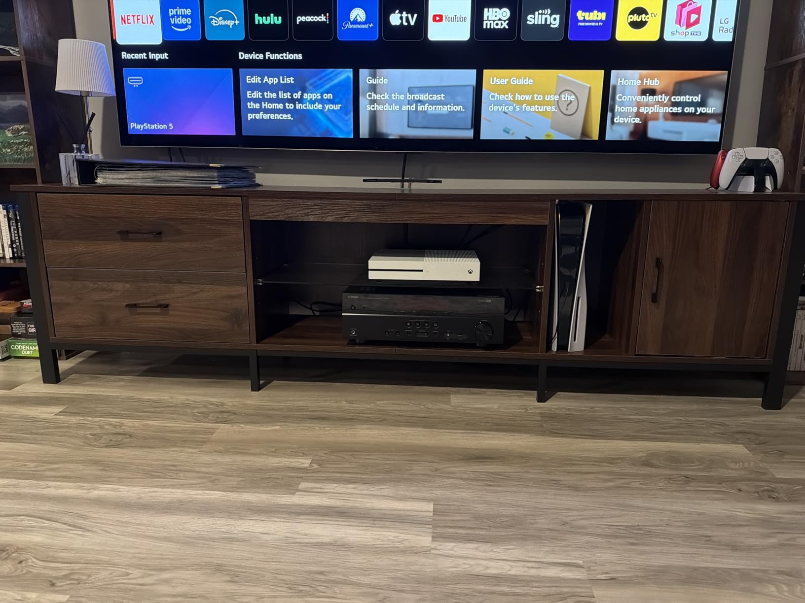 Bestier TV Stand for 75/80/85 inch TV, LED Gaming Entertainment Center, Modern TV Cabinet with Glass Shelves for Living Room, Media Console with 2 Storage Drawers & Cabinets for Bedroom, Walnut customer photo 1